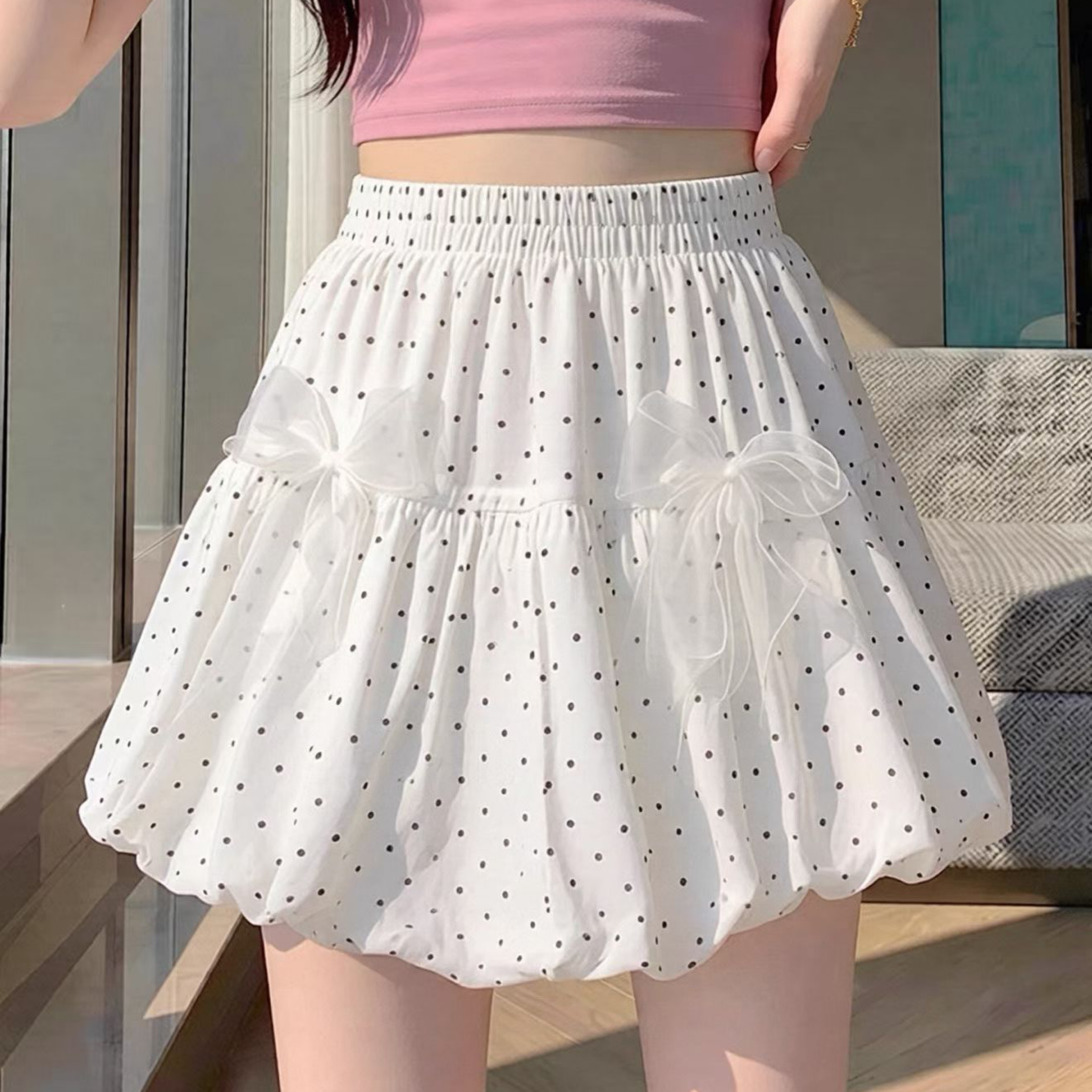 韓系甜美風 波點蝴蝶結花苞短裙