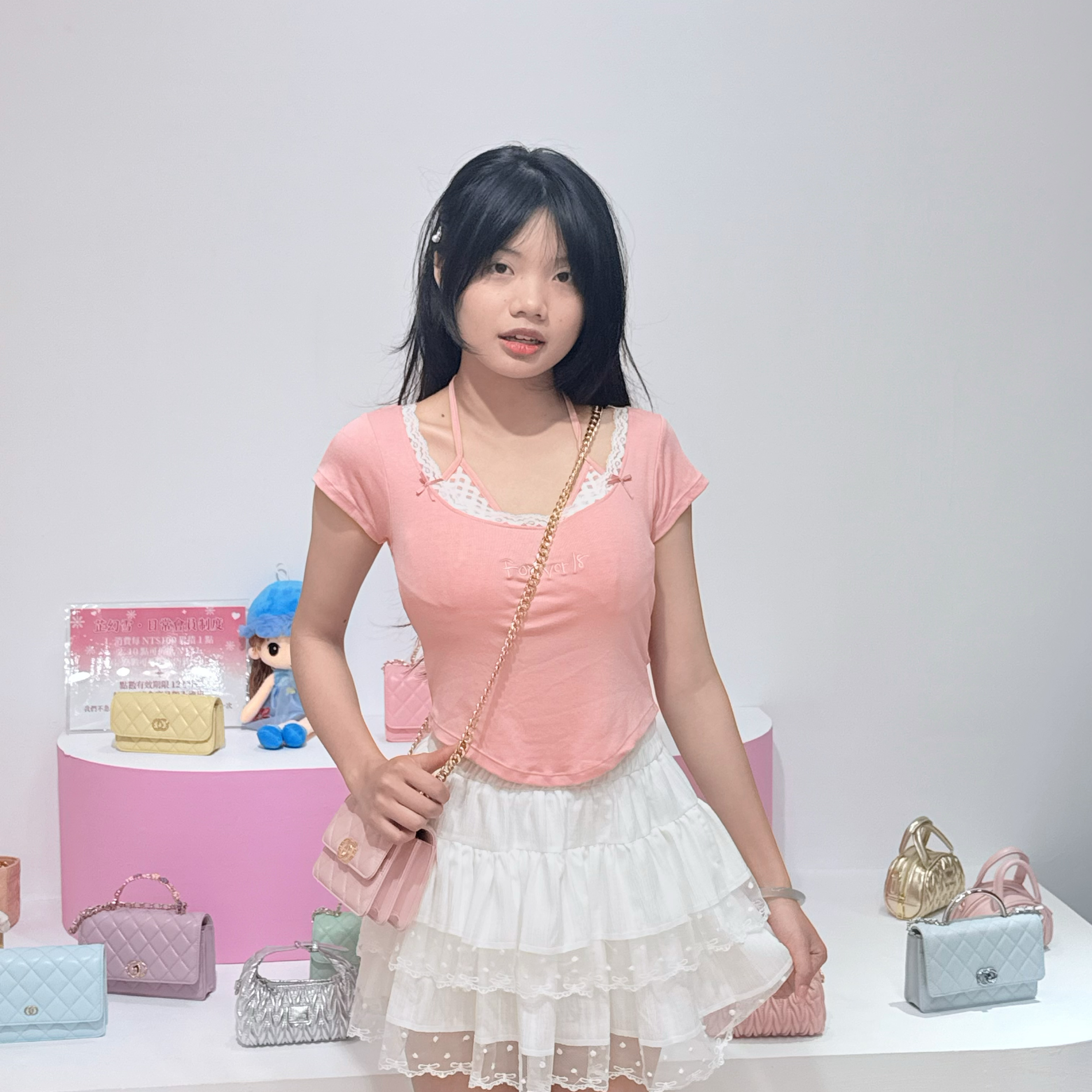 自搭款  假兩件甜美粉格紗紗裙（含胸墊）