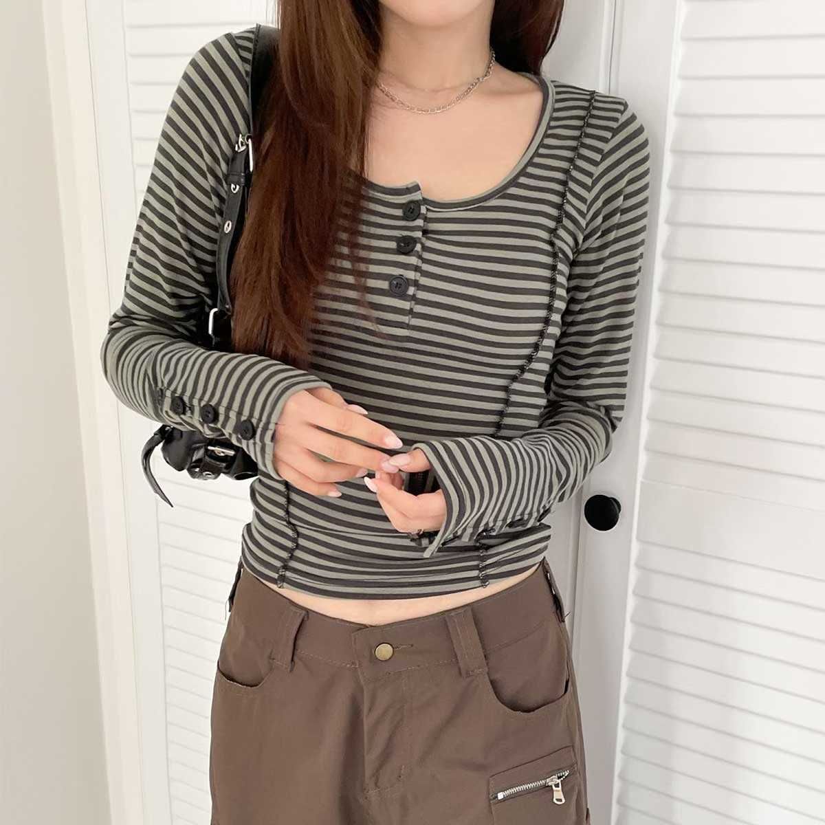🏷ʏᴜɴᴀ’s ·正韓代購🇰🇷暮色條影🌹亨利領細條紋袖扣長袖上衣