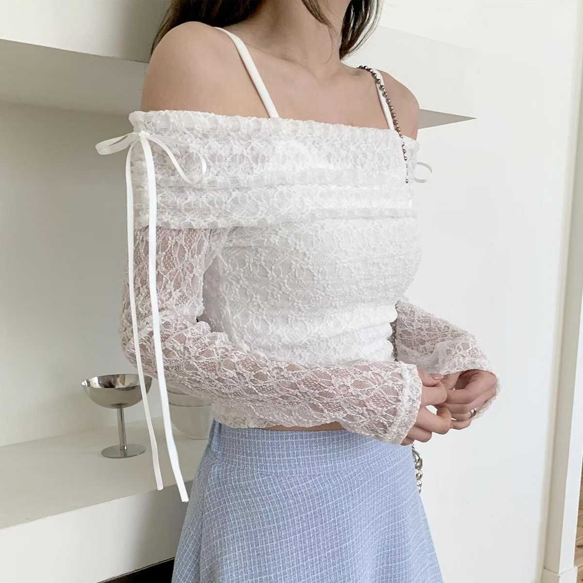 ʏᴜɴᴀ’s ·正韓代購🇰🇷柔霧蕾影🌼蕾絲綁帶露肩兩件式長袖上衣