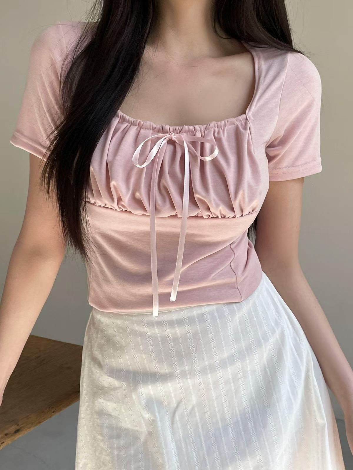 正韓代購🇰🇷霧光柔影🥀甜美綁帶方領短袖上衣