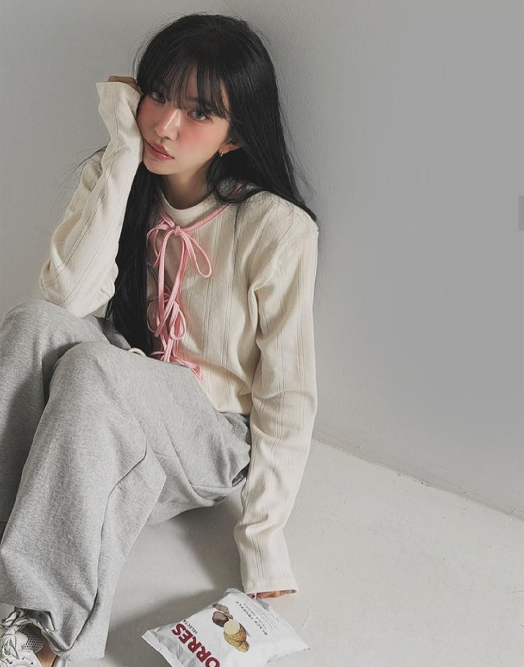 現貨售完不補ෆ正韓代購🇰🇷柔霧綁結🌹撞色綁帶長袖罩衫