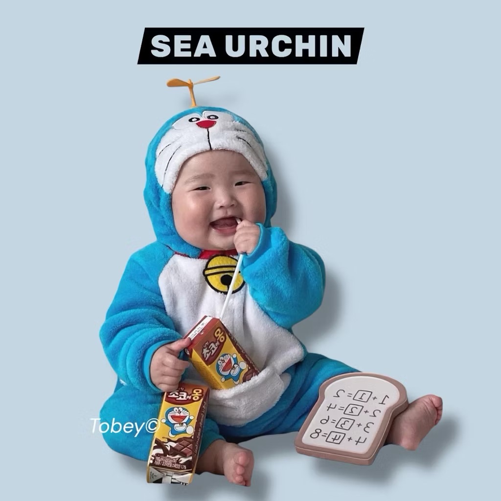 兒童寶寶 多啦A夢小叮噹 竹蜻蜓造型毛絨絨連身爬服🤍🩵