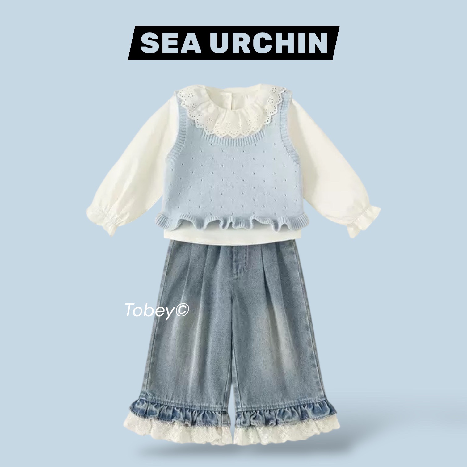 海膽寶寶Tobey//女孩韓系藍色針織背心+白色襯衫+牛仔褲 三件組 套裝 🩵