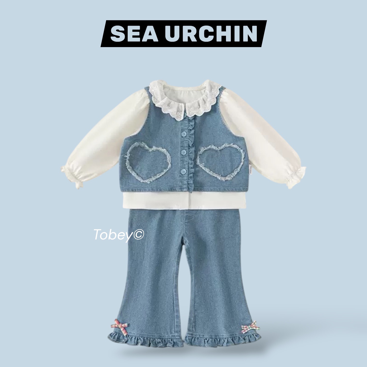 海膽寶寶Tobey//女孩韓系 愛心牛仔背心+花邊領襯衫+牛仔喇叭褲 三件組 套裝 🩵