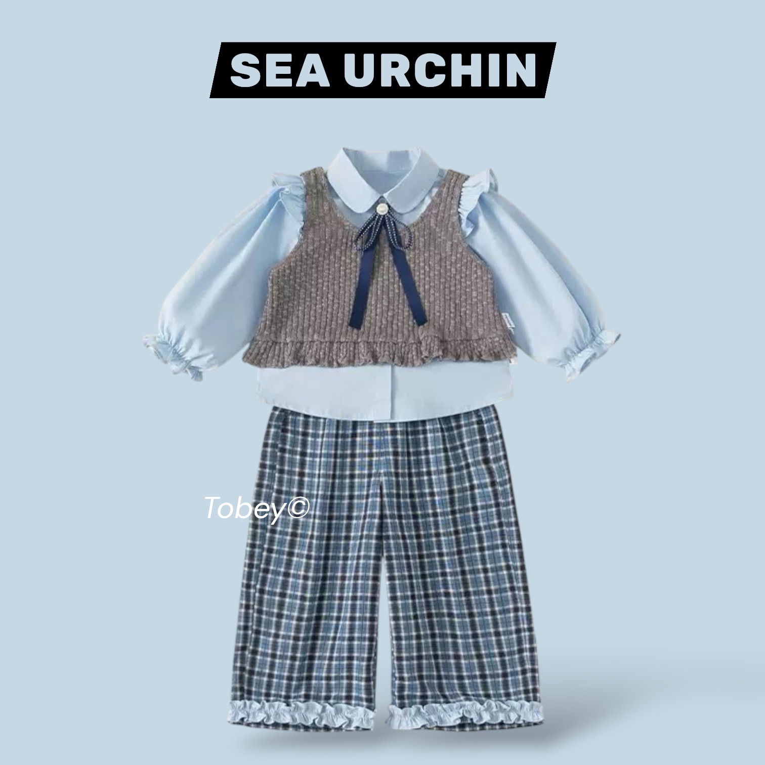 海膽寶寶Tobey//女孩韓系 藍色荷葉邊襯衫+灰色針織背心+褲子褲+小扭結 四件組 套裝 🩵