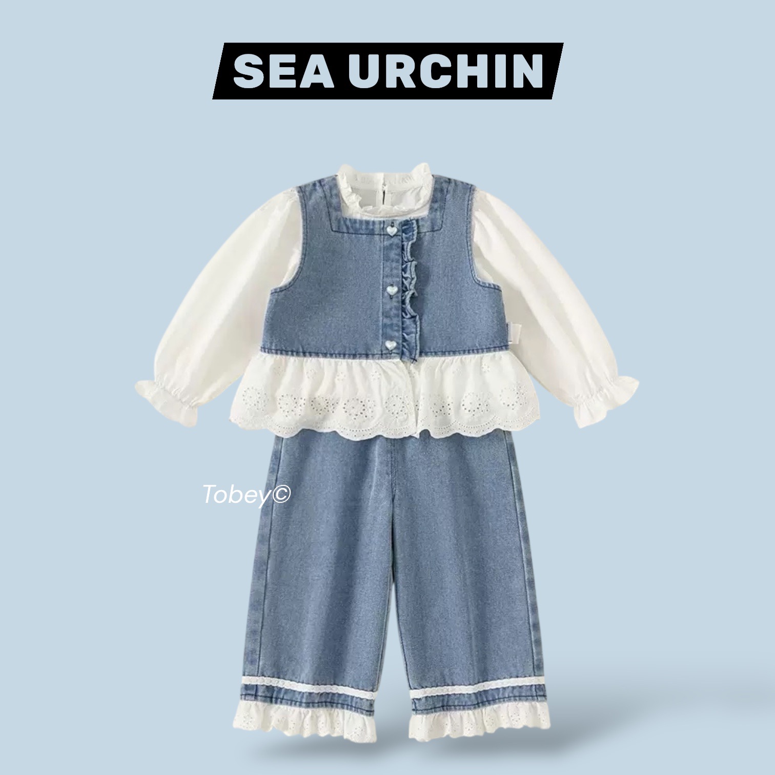 海膽寶寶Tobey//女孩韓系 牛仔系列愛心扣背心+燒花長袖襯衫+長褲套裝 三件組