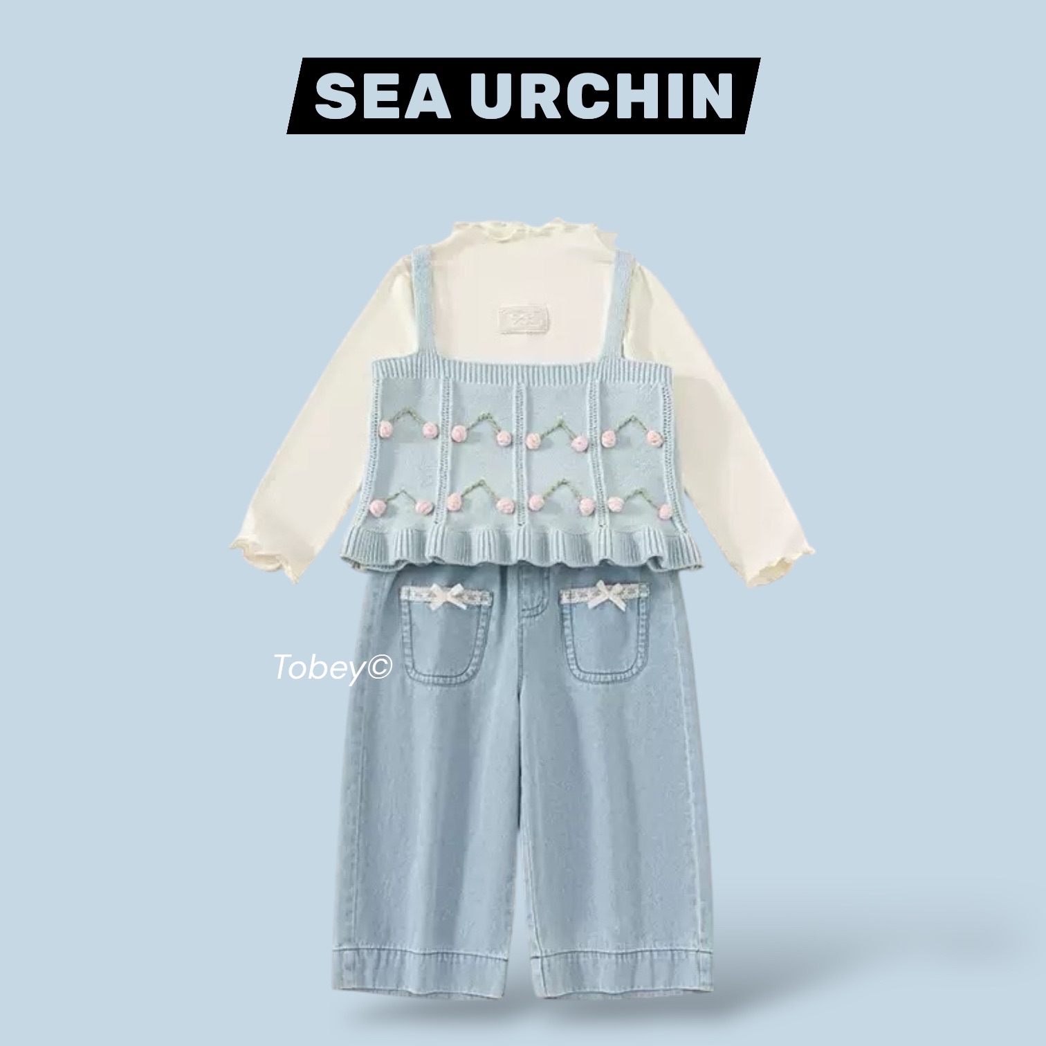 海膽寶寶Tobey//女孩韓系 針織細肩帶背心+襯衫+牛仔寬褲 三件組