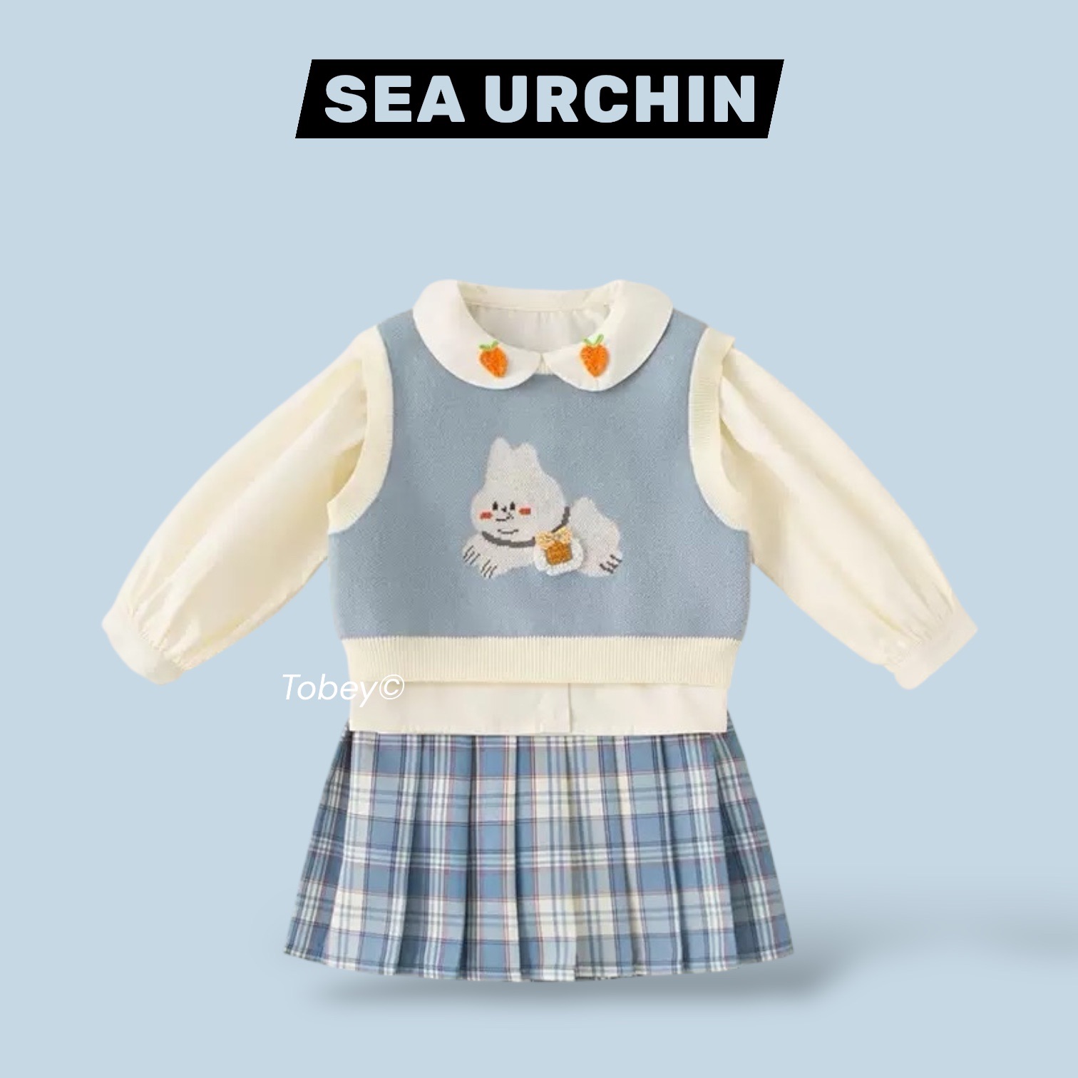 海膽寶寶Tobey//女孩韓系 小兔子針織背心+襯衫+藍色格子裙 三件組