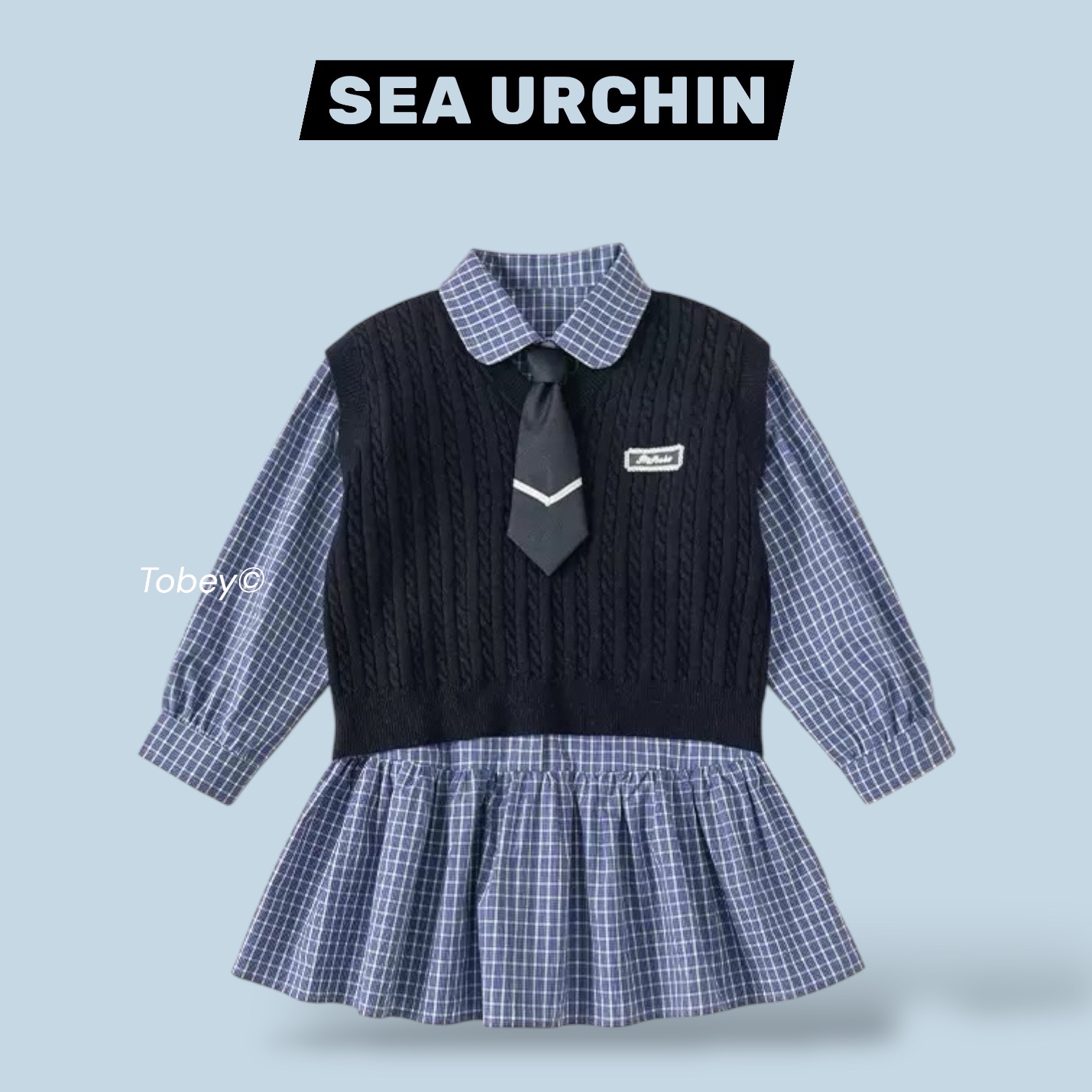 海膽寶寶Tobey// 女孩學院風 連身翻領格子裙+針織背心 兩件組（送領帶）