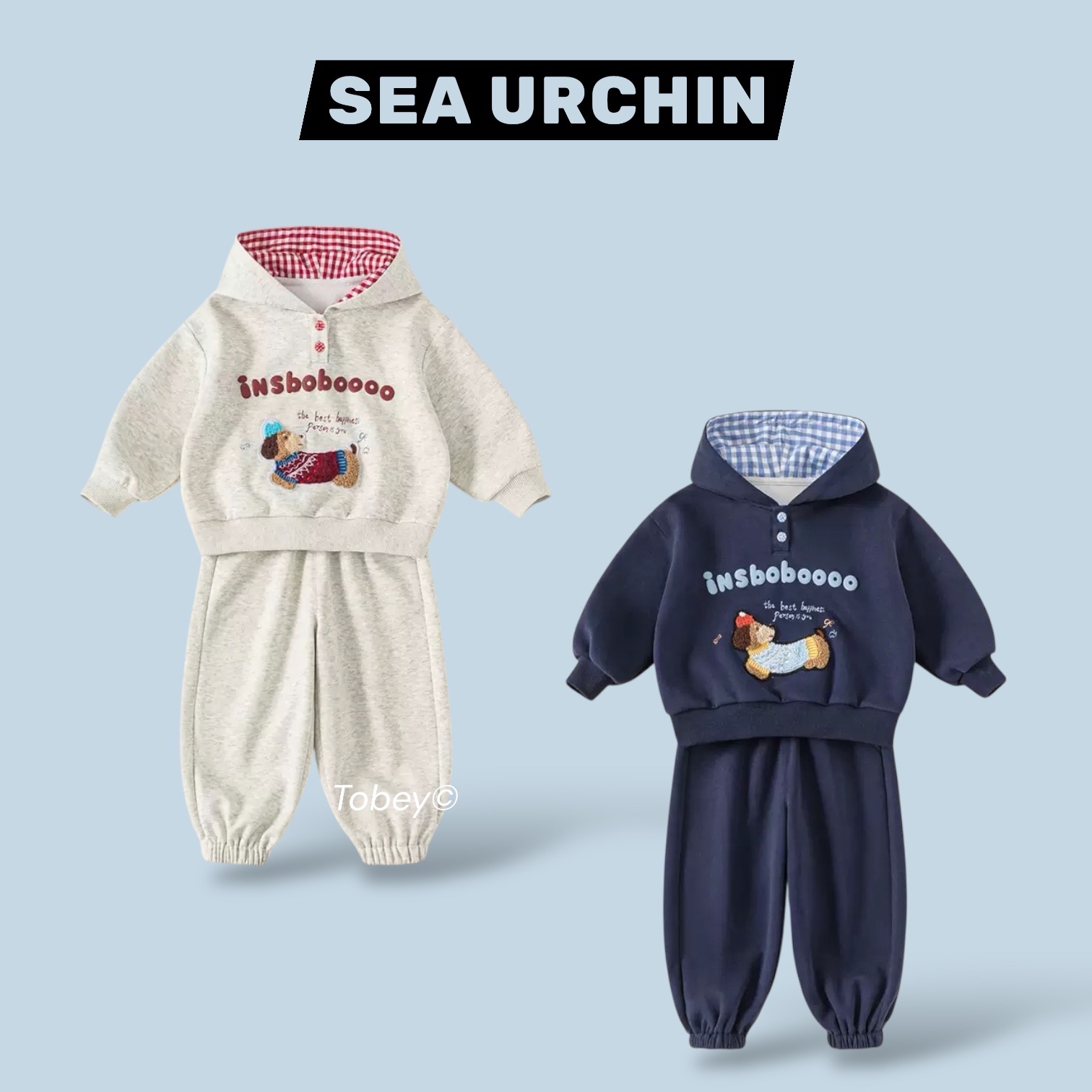 海膽寶寶Tobey// 休閒風 拼色休閒狗狗印花連帽休閒套裝 2色 兩件組套裝