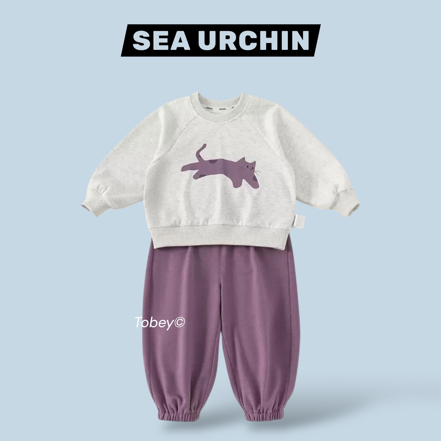 海膽寶寶Tobey// 休閒風 撞色系紫色小貓印花休閒套裝 兩件組