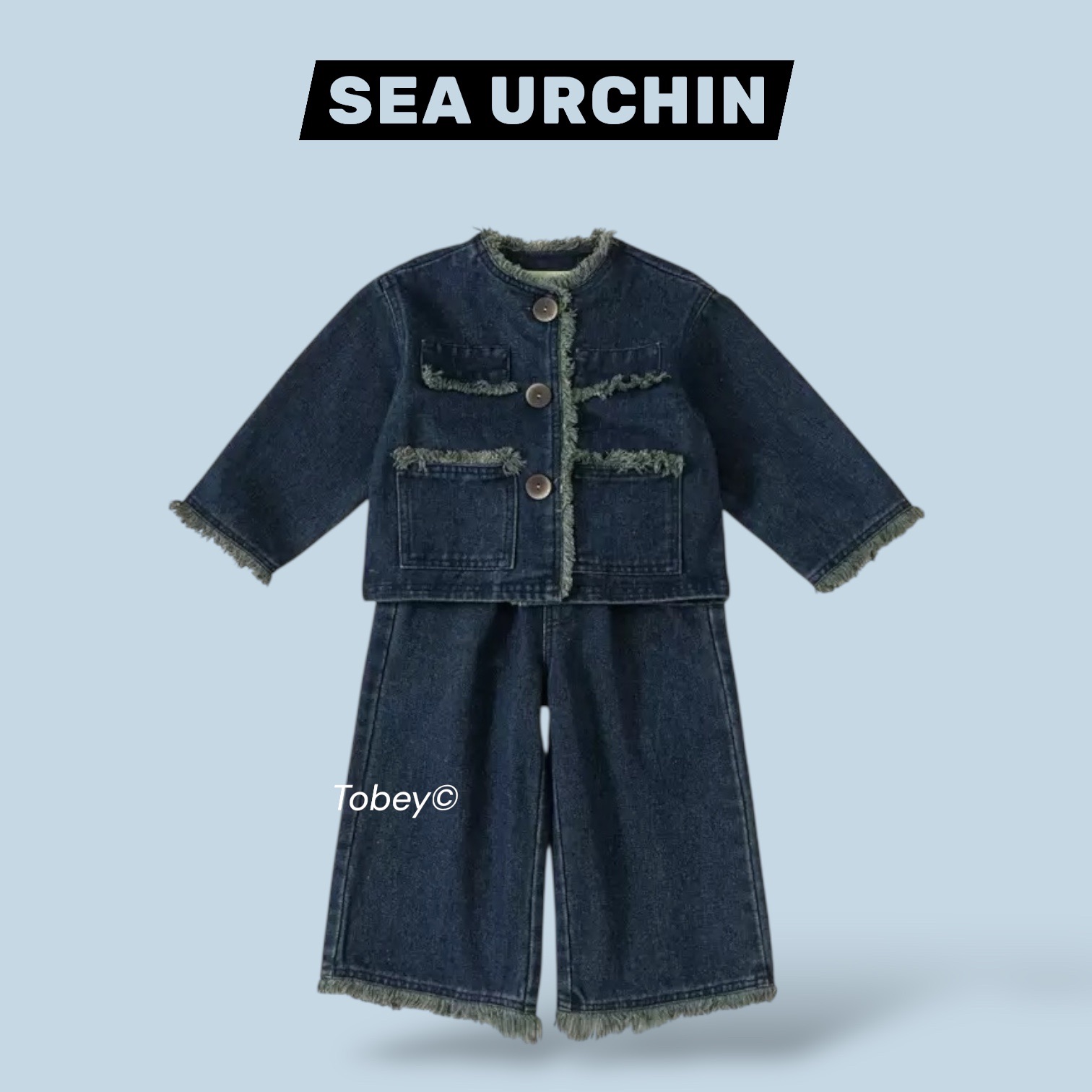 海膽寶寶Tobey// 女孩 牛仔系列翻領抽鬚設計 外套上衣+褲子 兩件組套裝