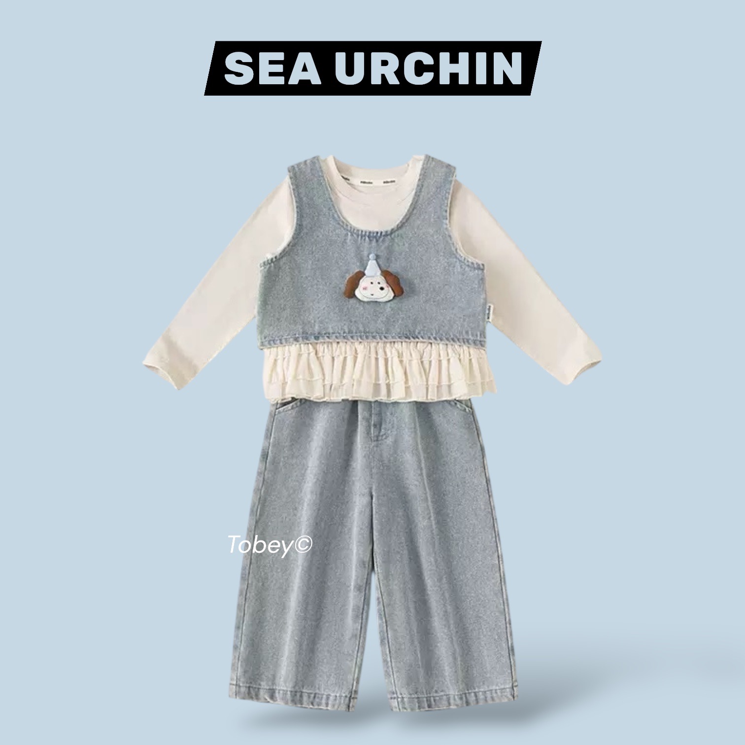 海膽寶寶Tobey// 狗狗牛仔背心+長袖內搭+牛仔寬褲  三件組套裝