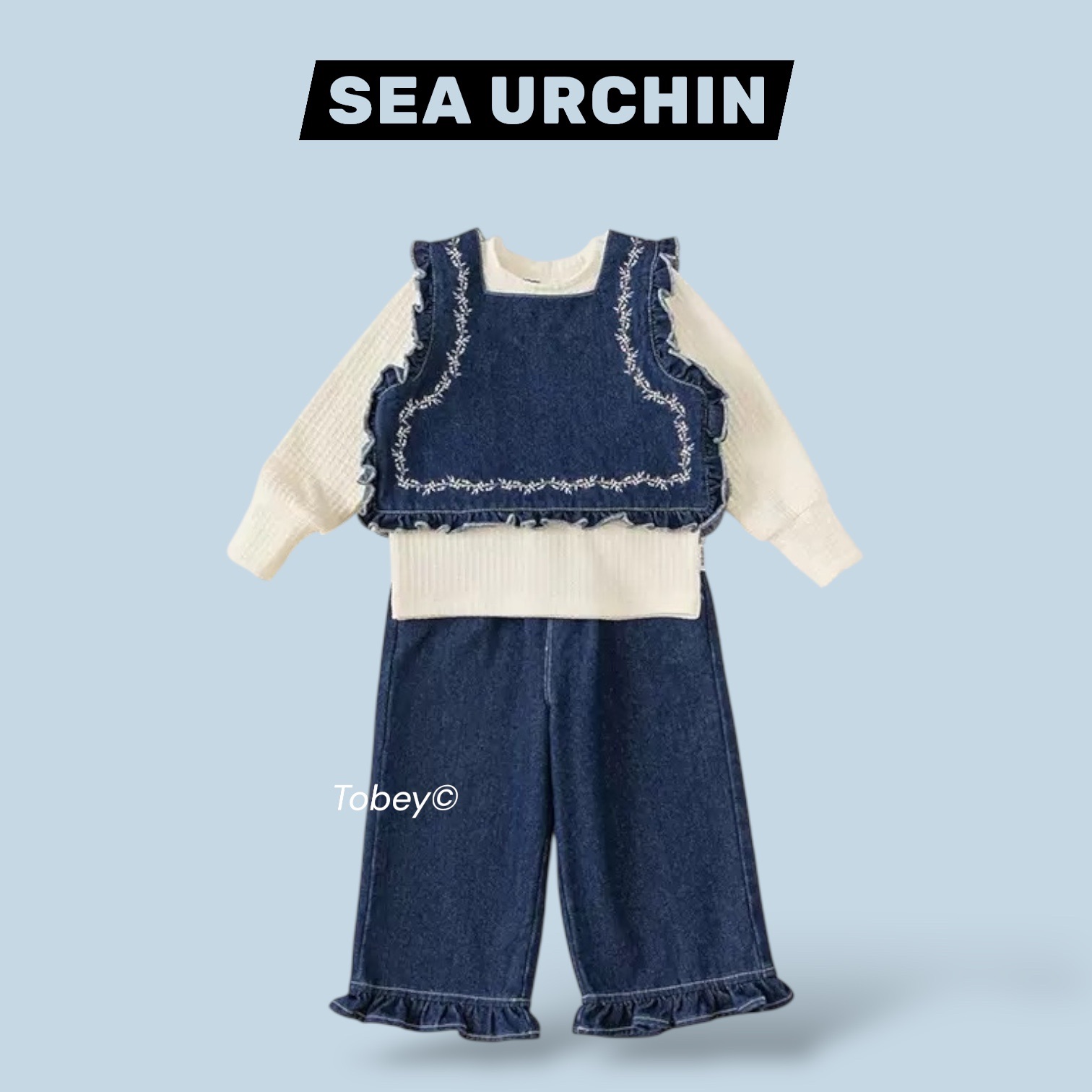 海膽寶寶Tobey// 可愛小花牛仔背心+內搭+牛仔長褲  三件組套裝