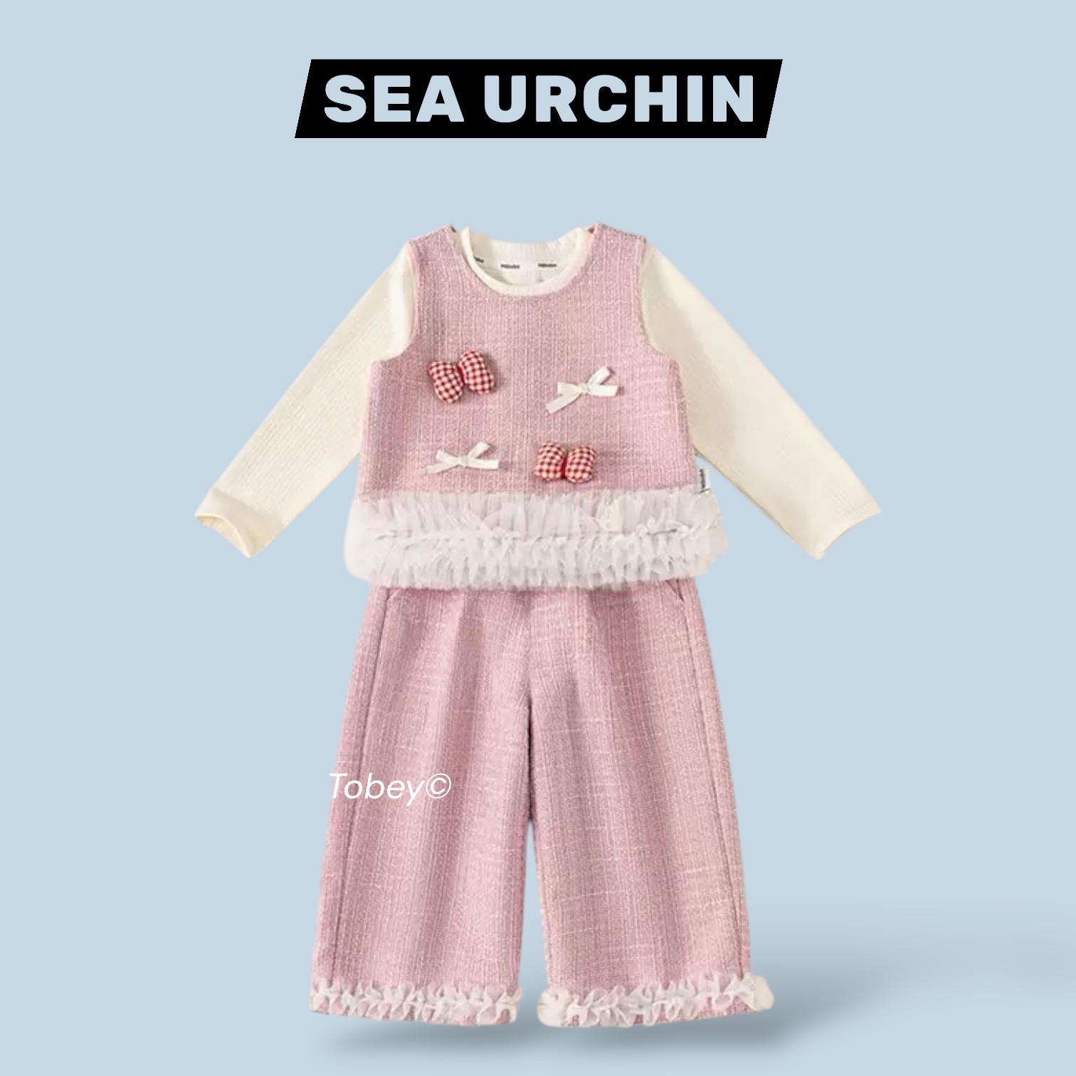 海膽寶寶Tobey// 小香風蝴蝶結背心+內搭+小蕾絲長褲 三件組套裝