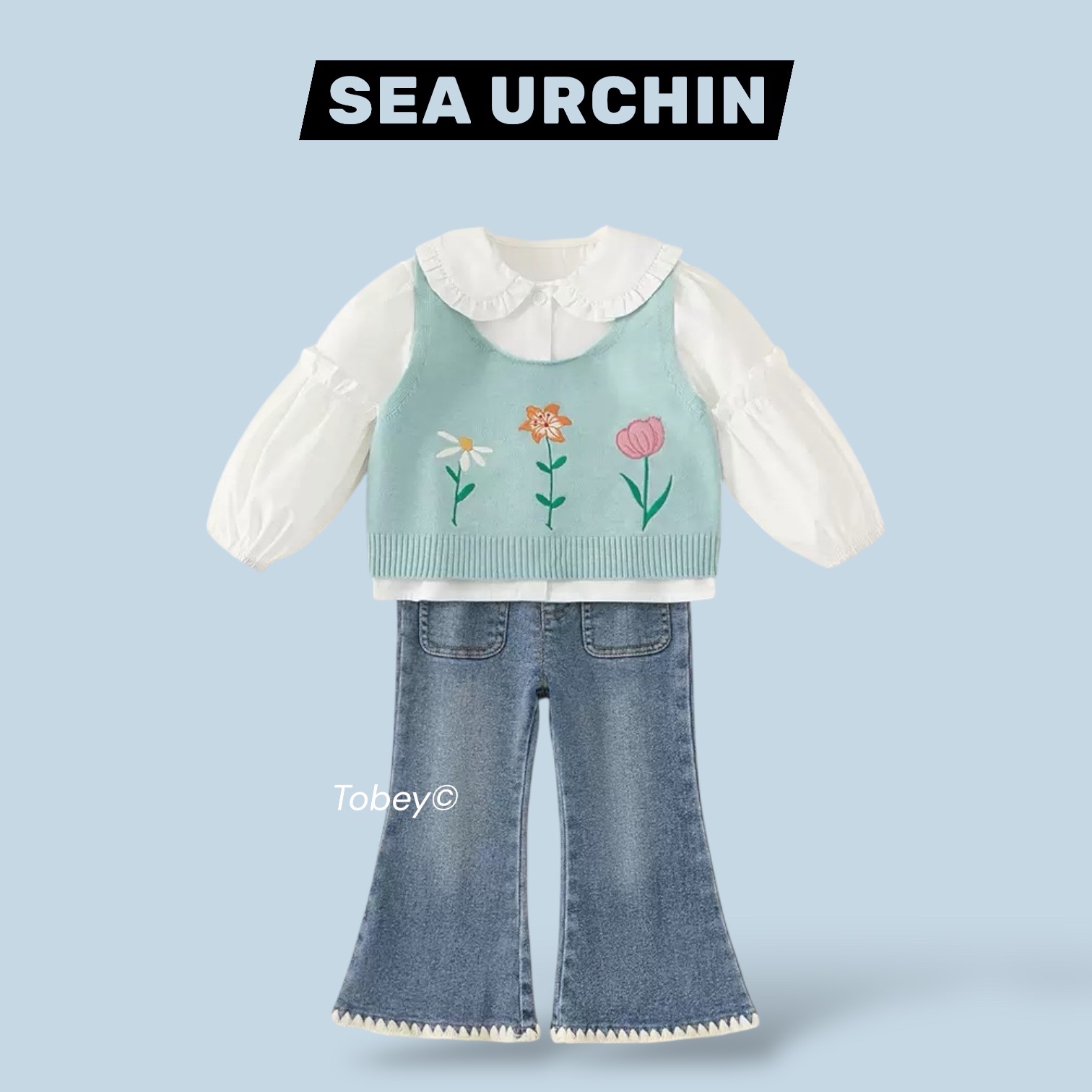 海膽寶寶Tobey// 蒂芬妮綠色花/粉色洞洞蝴蝶結針織背心+內搭+牛仔長褲  三件組套裝