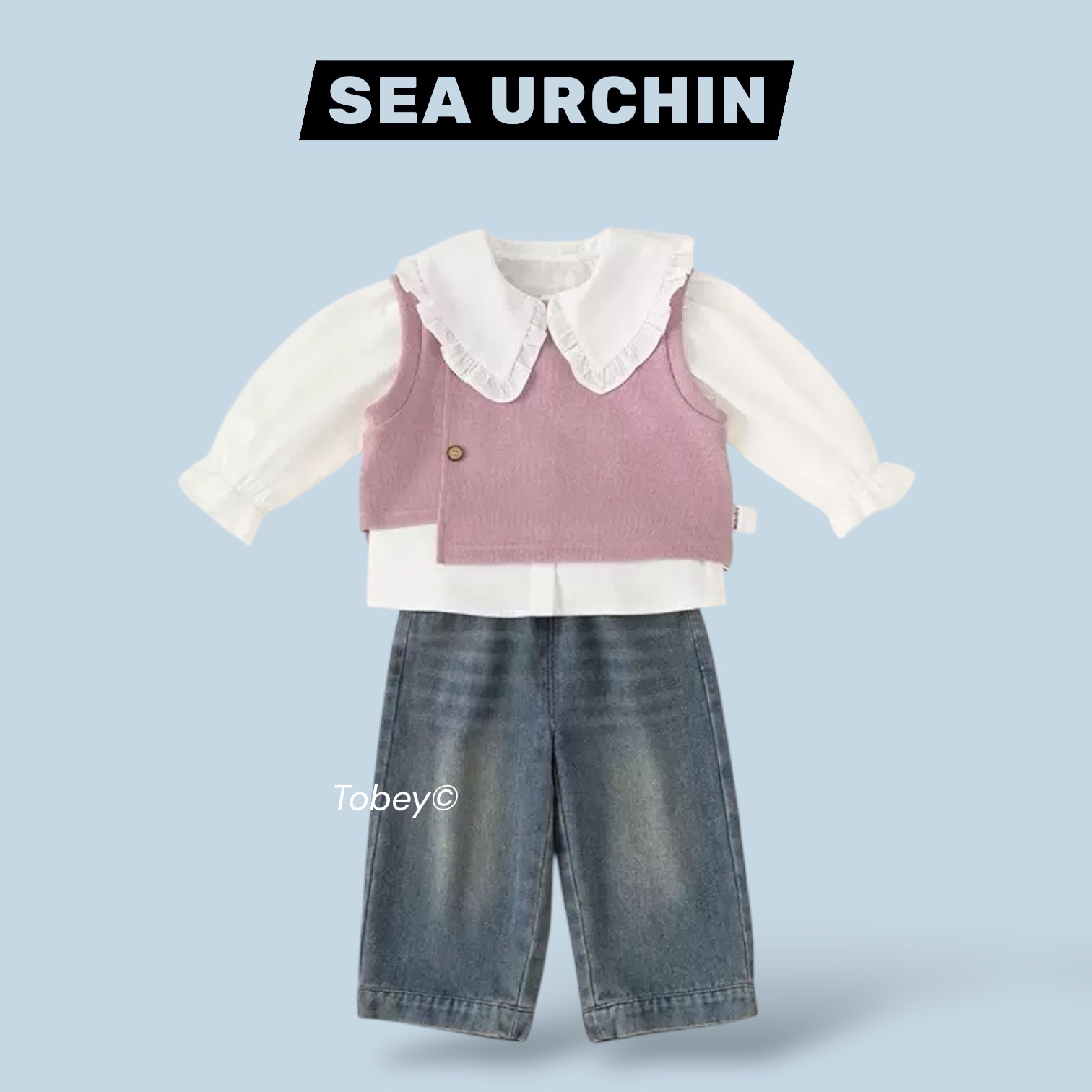 海膽寶寶Tobey// 針織厚款造型鈕扣背心+內搭襯衫+牛仔長褲 三件組套裝