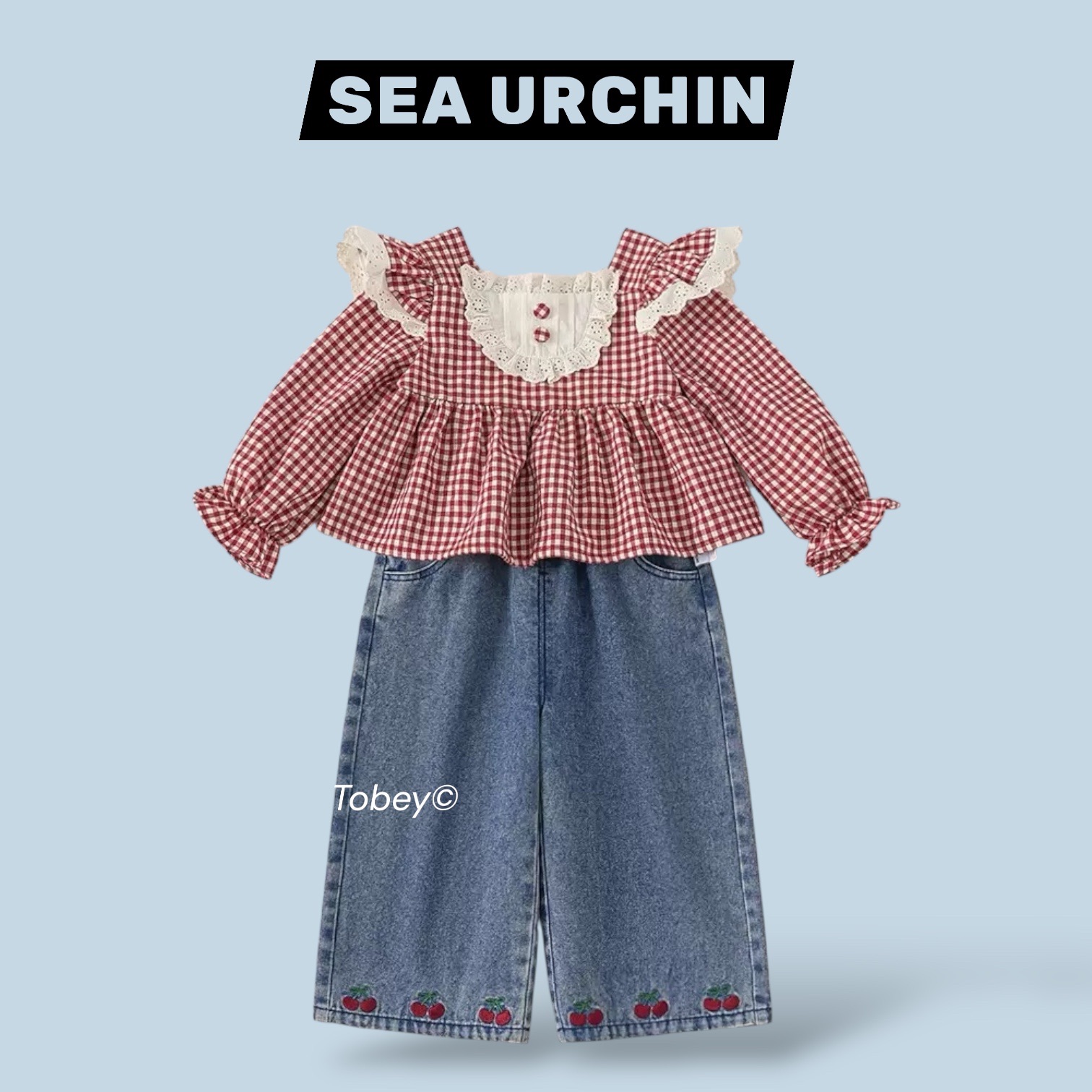 海膽寶寶Tobey// 造型紅格子上衣+櫻桃刺繡牛仔褲 兩件組套裝
