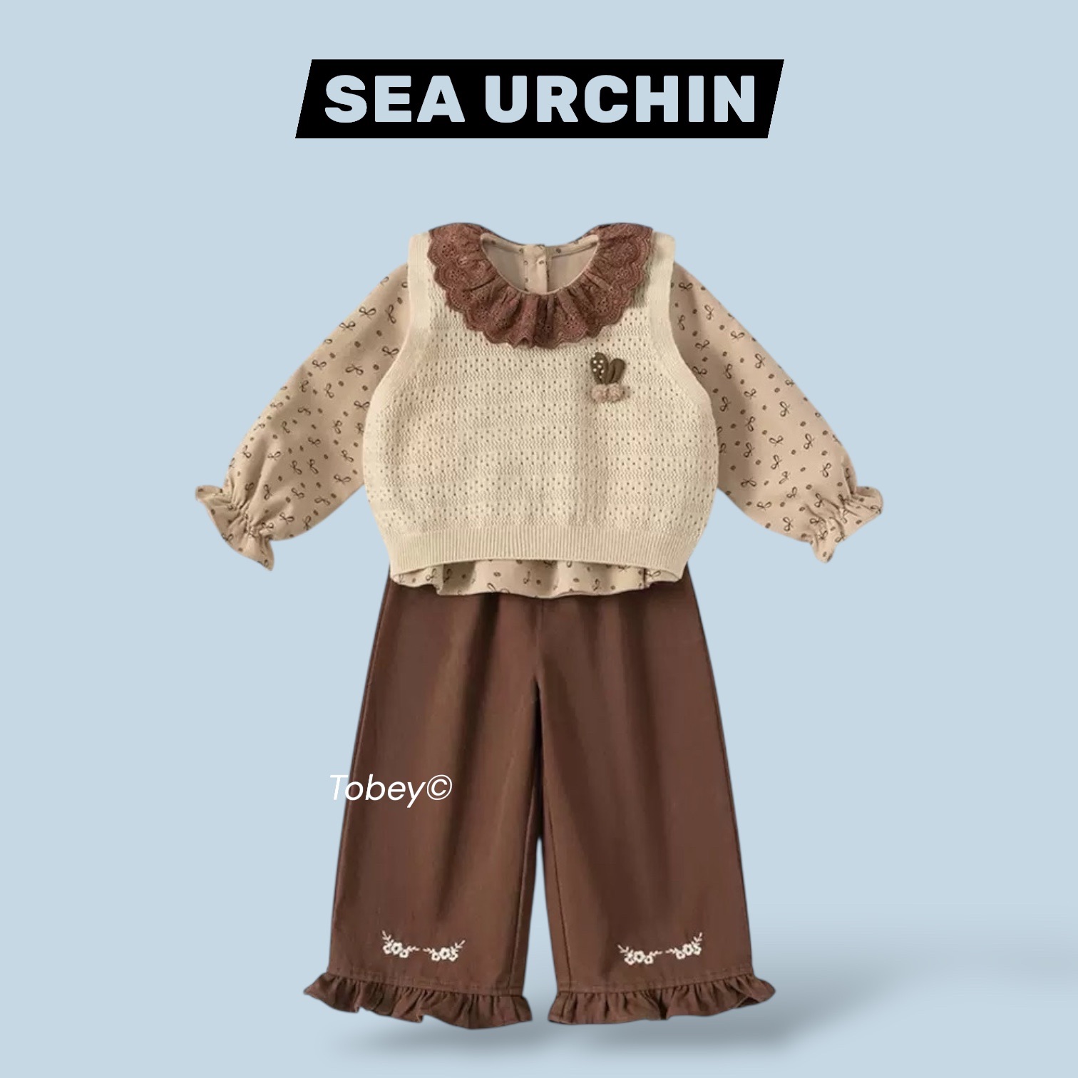 海膽寶寶Tobey// 女孩森林系針織背心+小花翻領內搭+花花刺繡長褲  三件組套裝