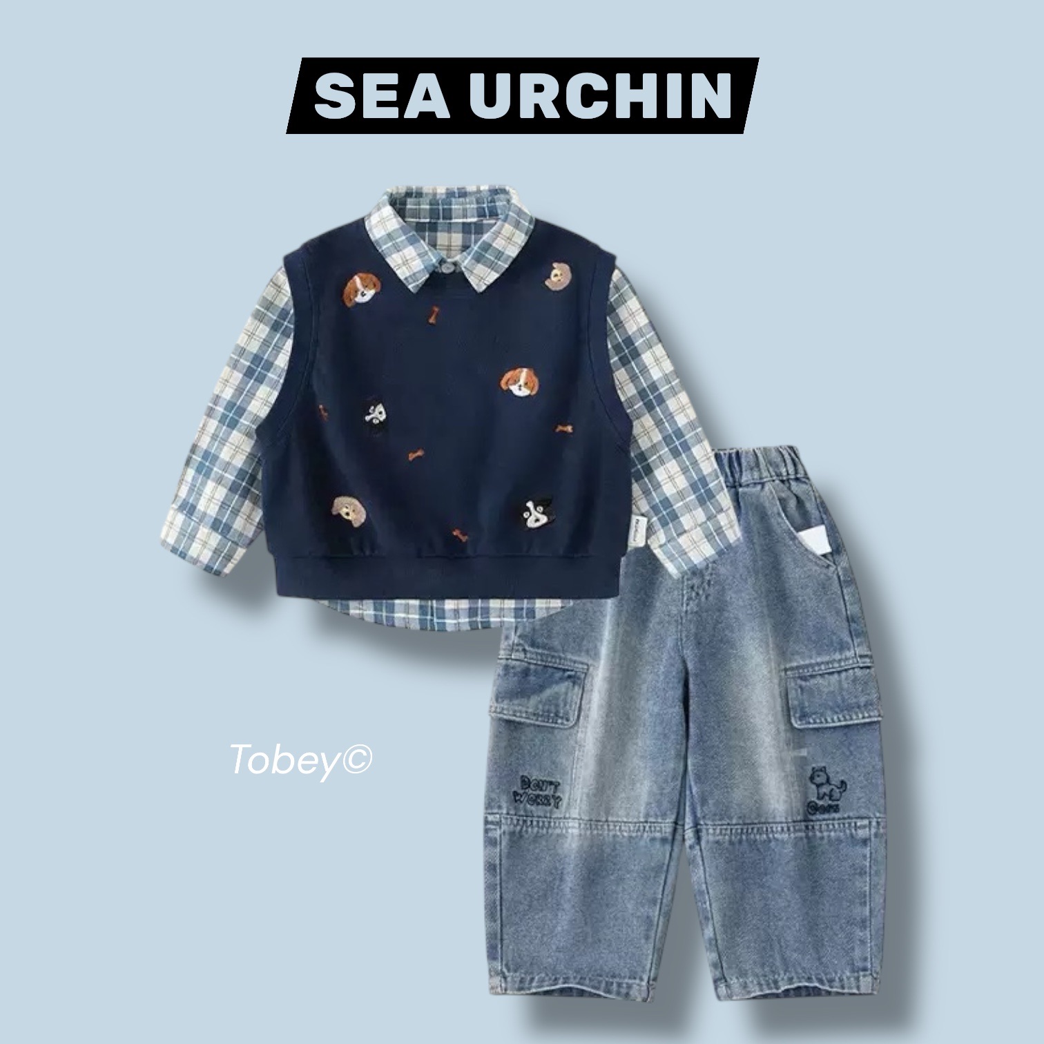 海膽寶寶Tobey// 男孩 藍色格子無尾熊襯衫+狗狗針織背心+工裝刺繡褲  三件組套裝