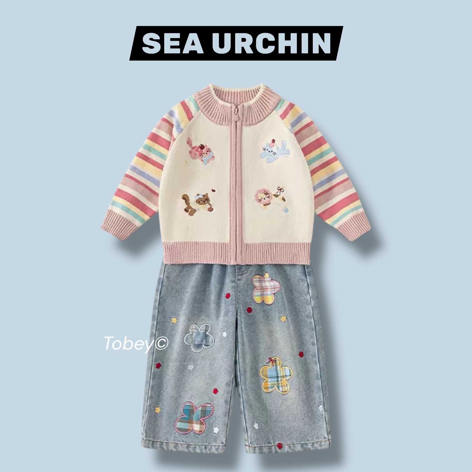 海膽寶寶Tobey// 女孩針織狗狗袖上衣外套+牛仔長褲 兩件組套裝
