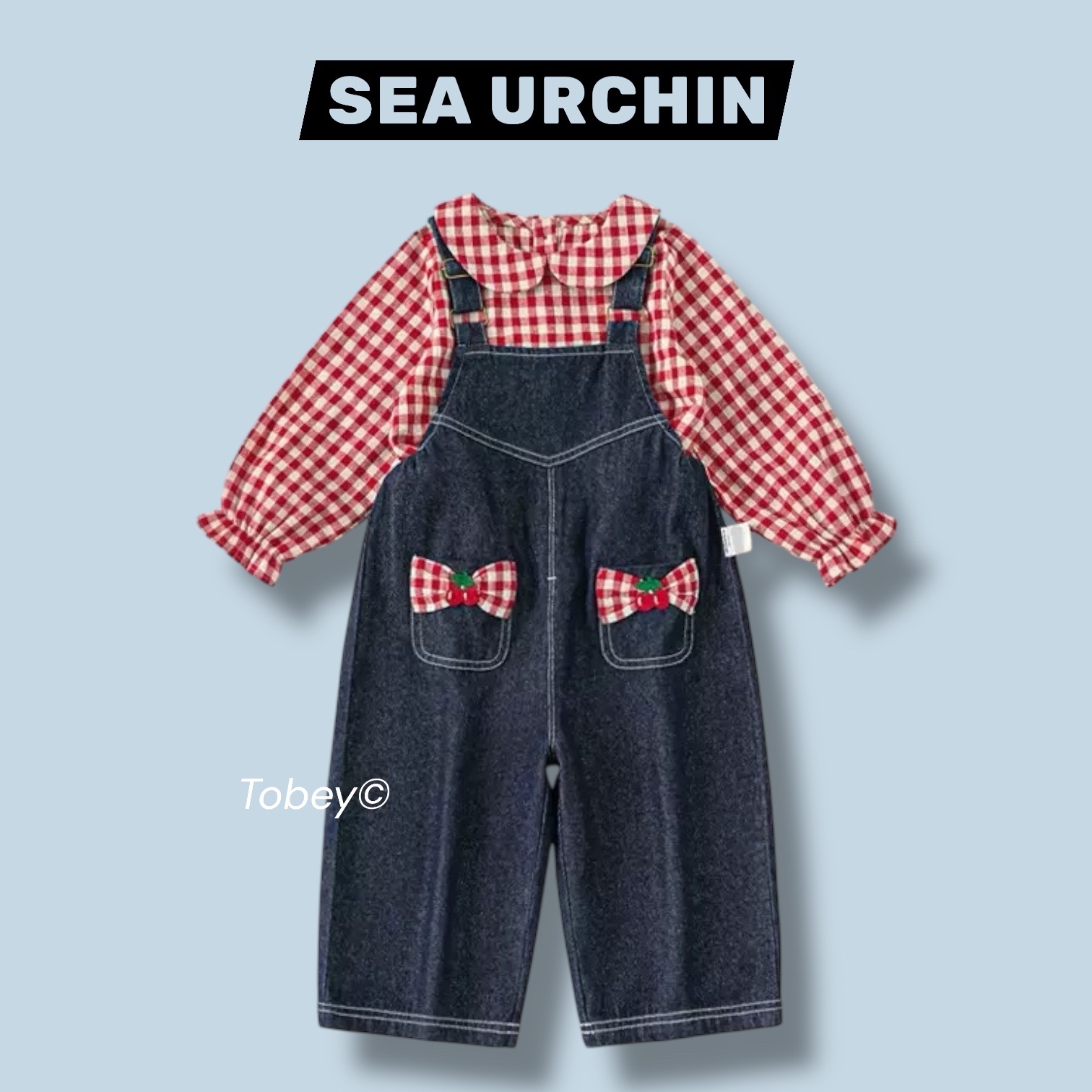 海膽寶寶Tobey//女孩紅色翻領格子襯衫+連身牛仔吊帶褲 兩件組套裝