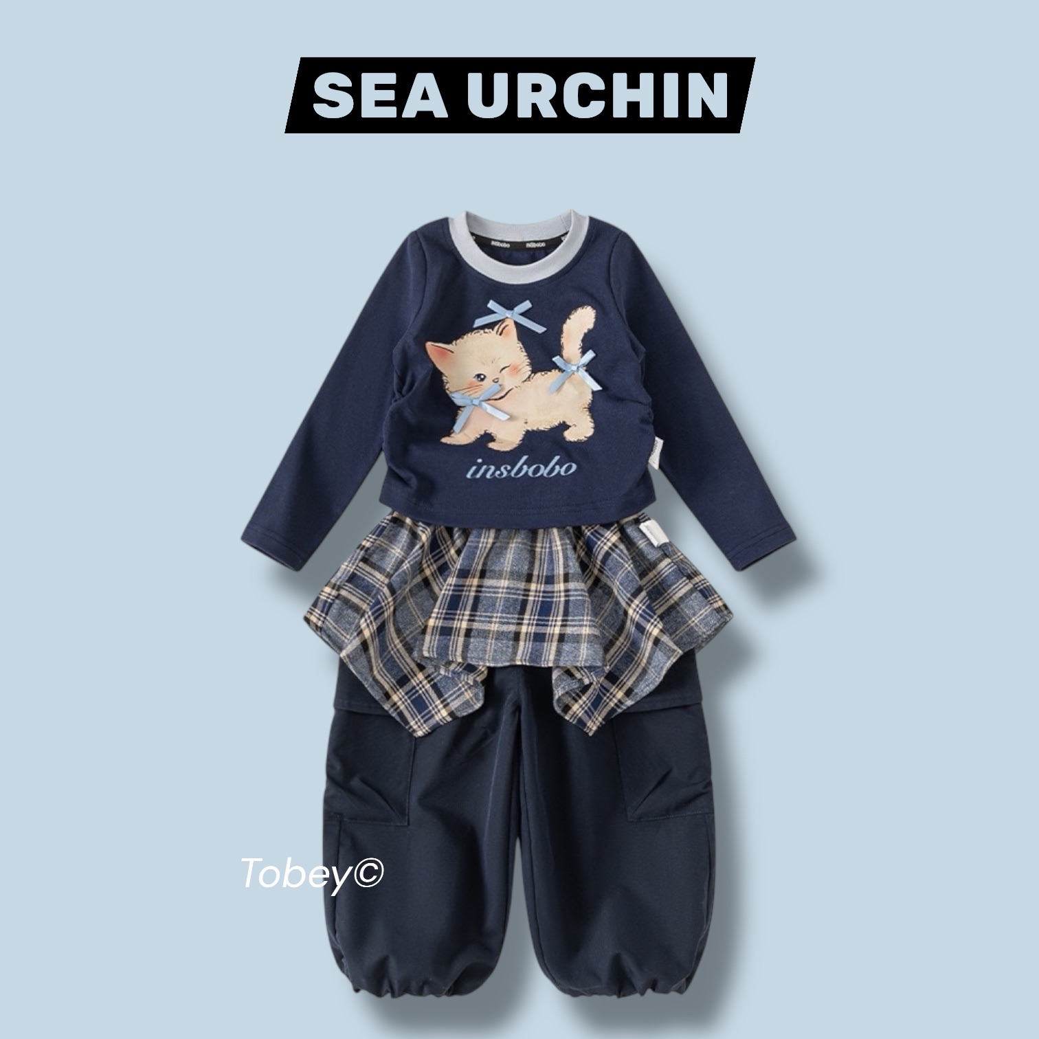 海膽寶寶Tobey//女孩休閒抽繩貓咪上衣+假兩件式格子布工裝褲 兩件組套裝