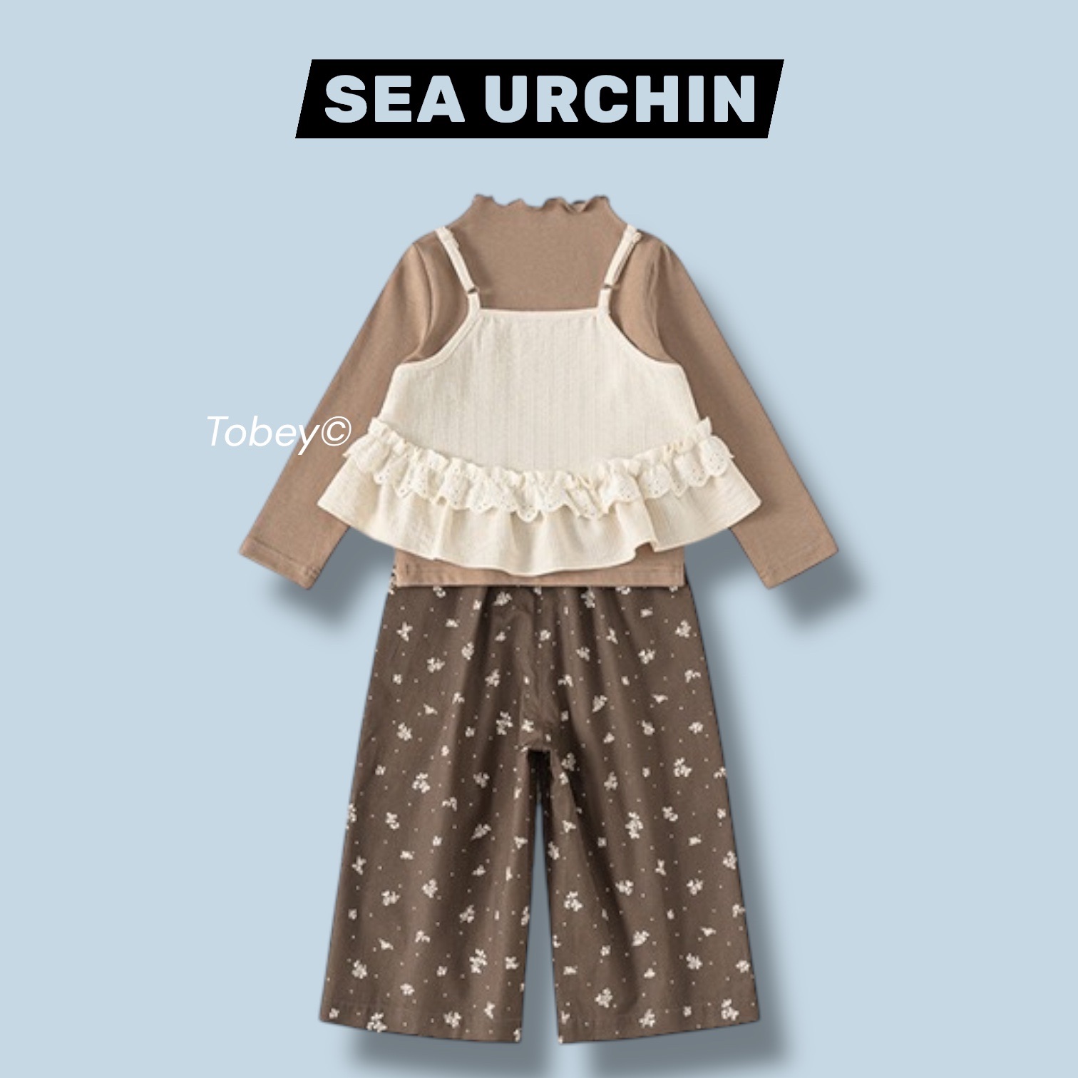 海膽寶寶Tobey// 女孩大地色系木耳邊內搭+打底吊帶上衣+小碎花休閒寬褲  三件組套裝