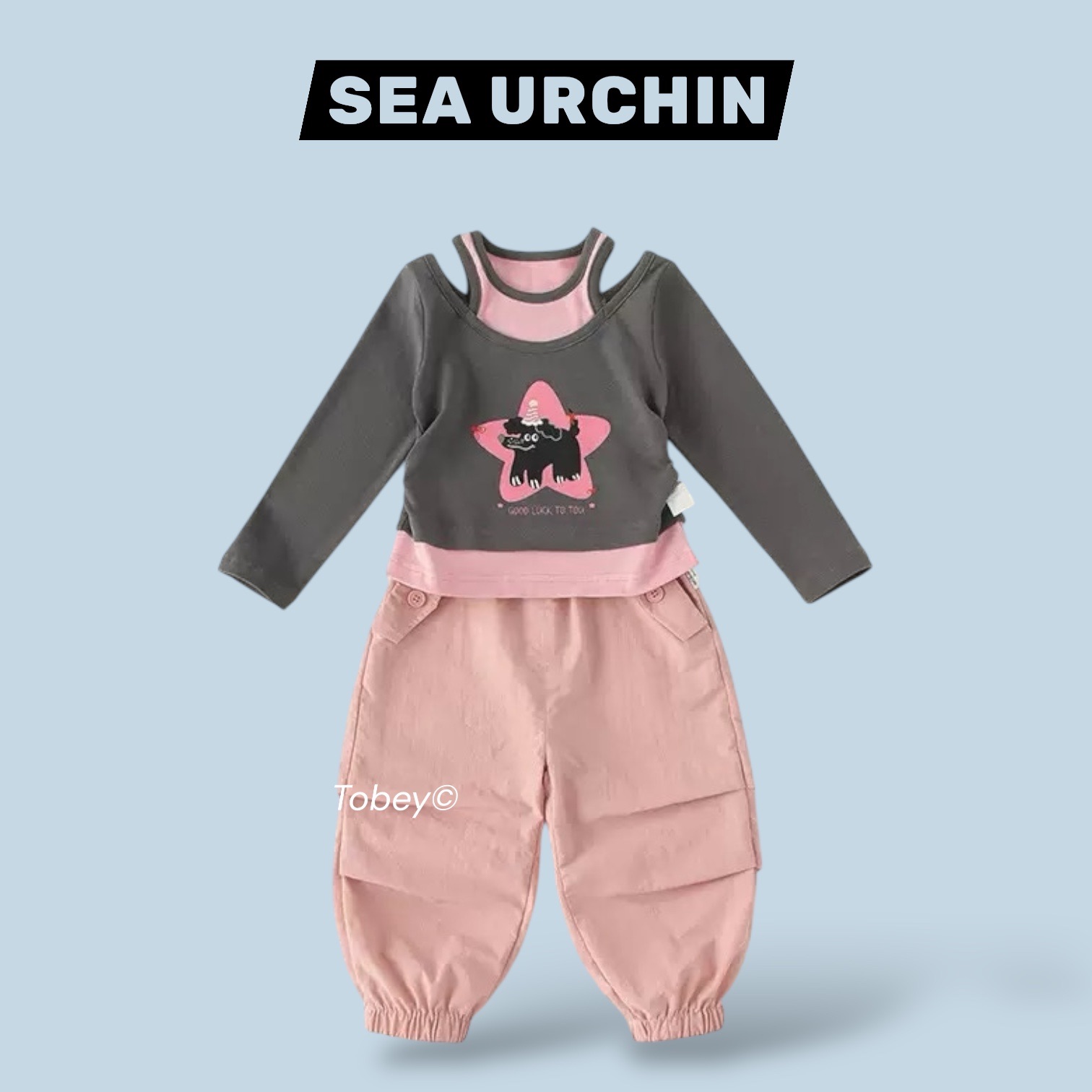 海膽寶寶Tobey//女孩運動休閒風 假兩件式狗狗上衣+粉色工裝褲 兩件組套裝