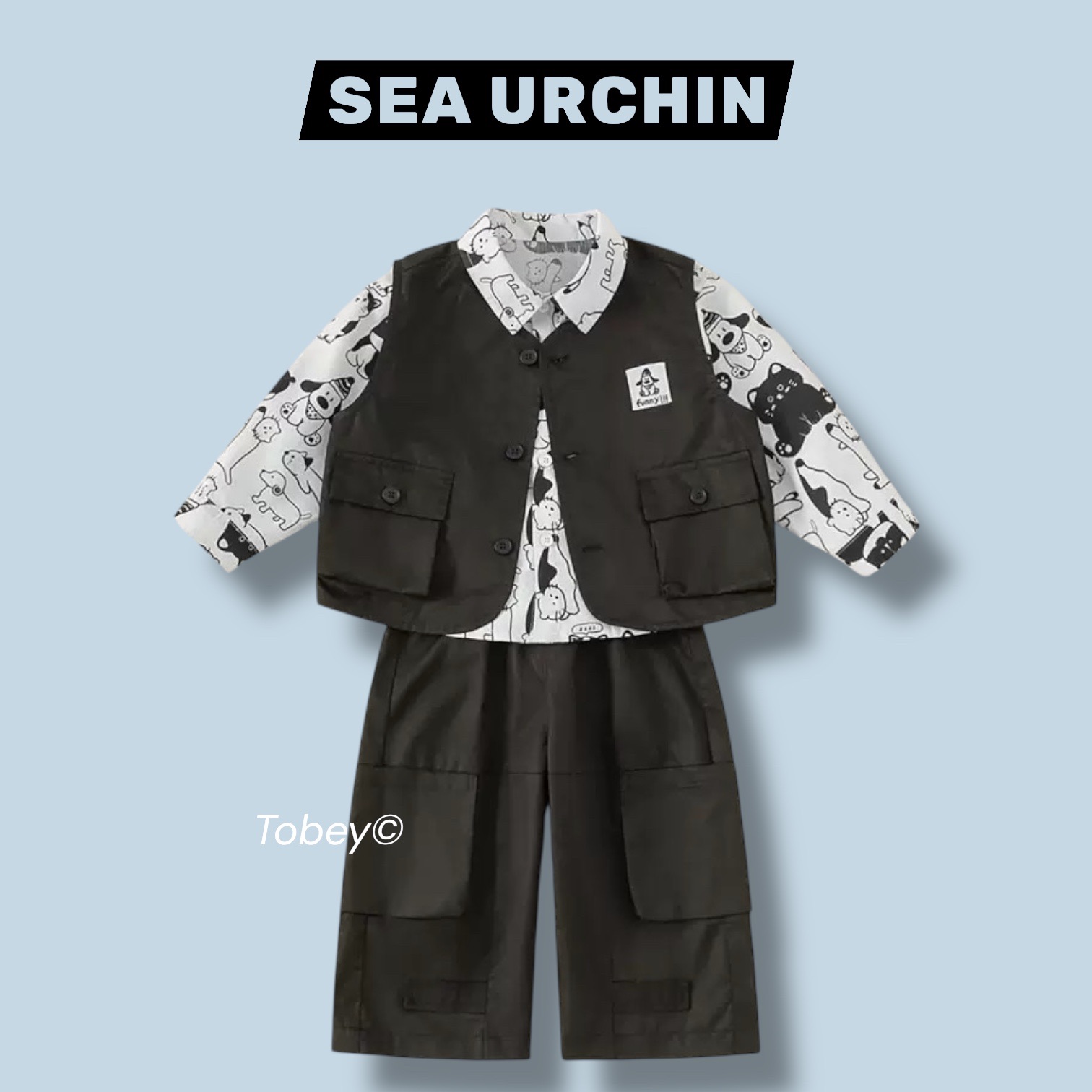 海膽寶寶Tobey//男孩狗狗黑色背心+滿版狗狗襯衫+黑色休閒褲 三件組套裝