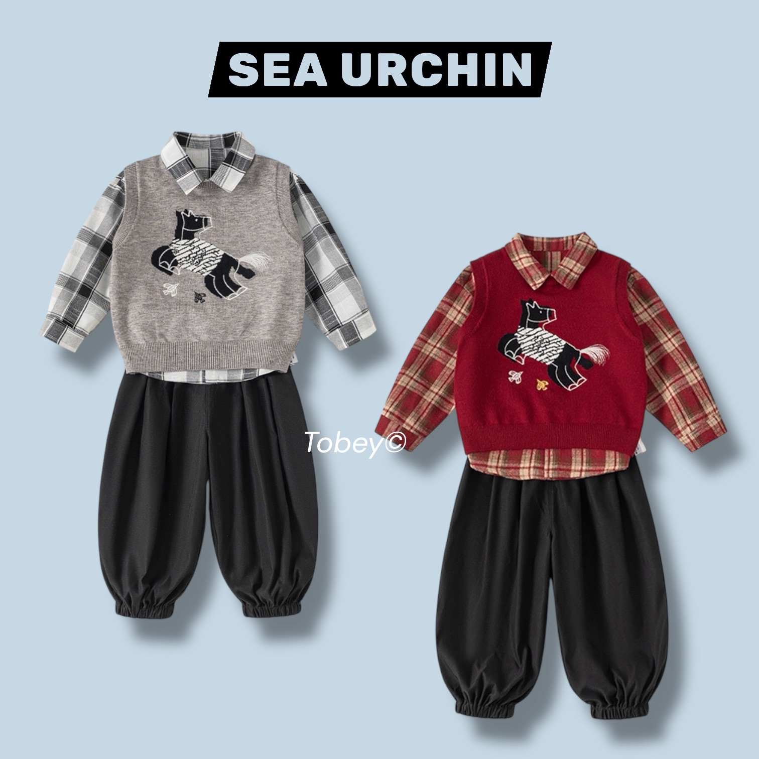 海膽寶寶Tobey//兒童馬年 針織背心+襯衫+束口褲 三件組套裝