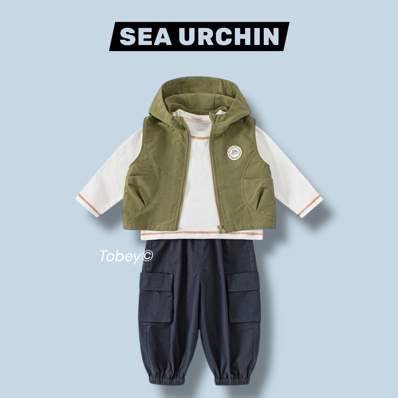 海膽寶寶Tobey//男孩撞色系長袖+連帽背心+工裝縮口褲 三件組套裝