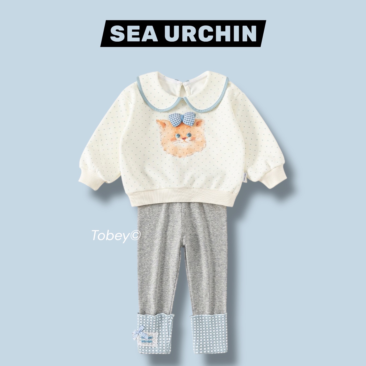 海膽寶寶Tobey// 女孩翻領點點小貓咪上衣+拼色打底褲 兩件組套裝