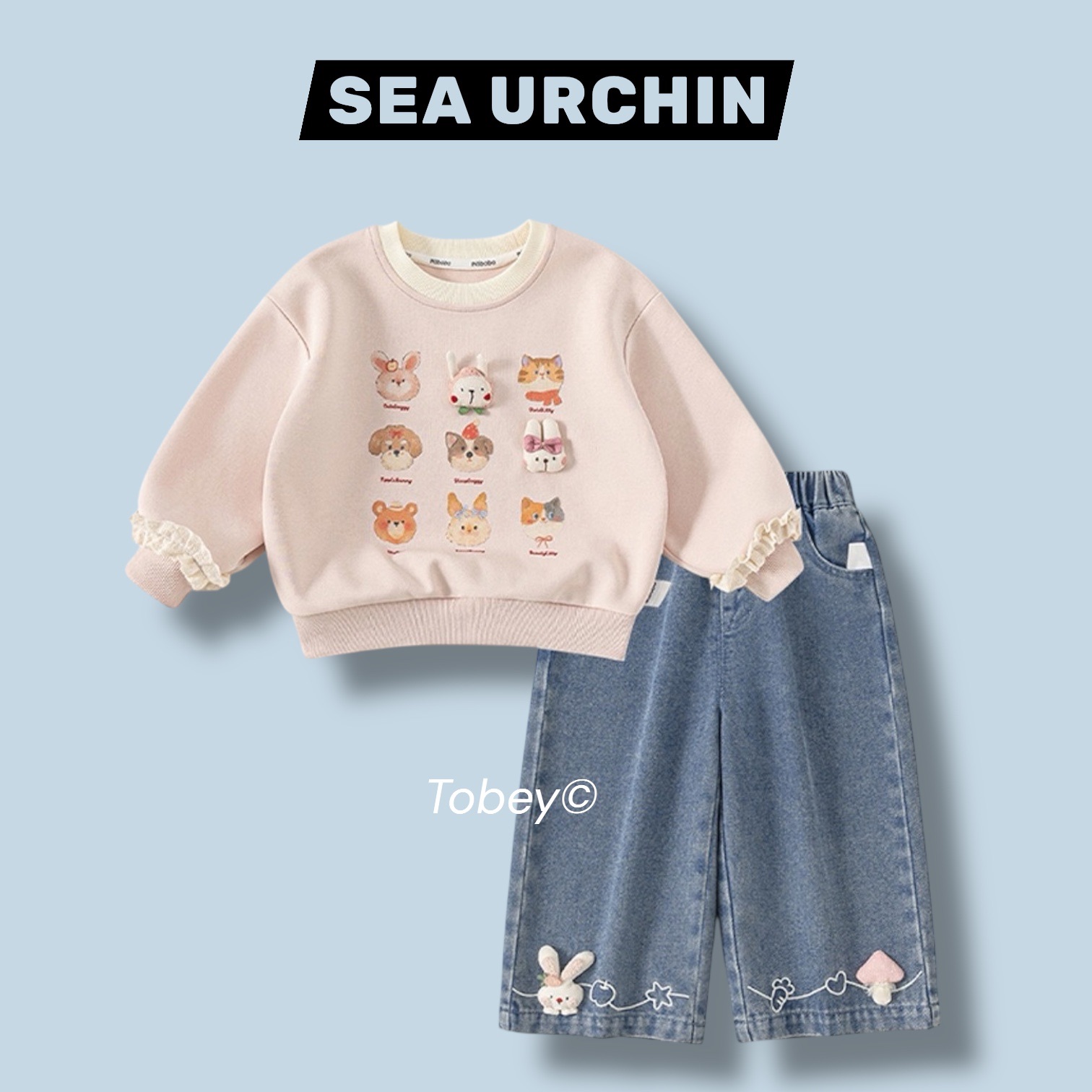 海膽寶寶Tobey//女孩立體小兔子休閒上衣+小兔子牛仔褲 兩件組套裝