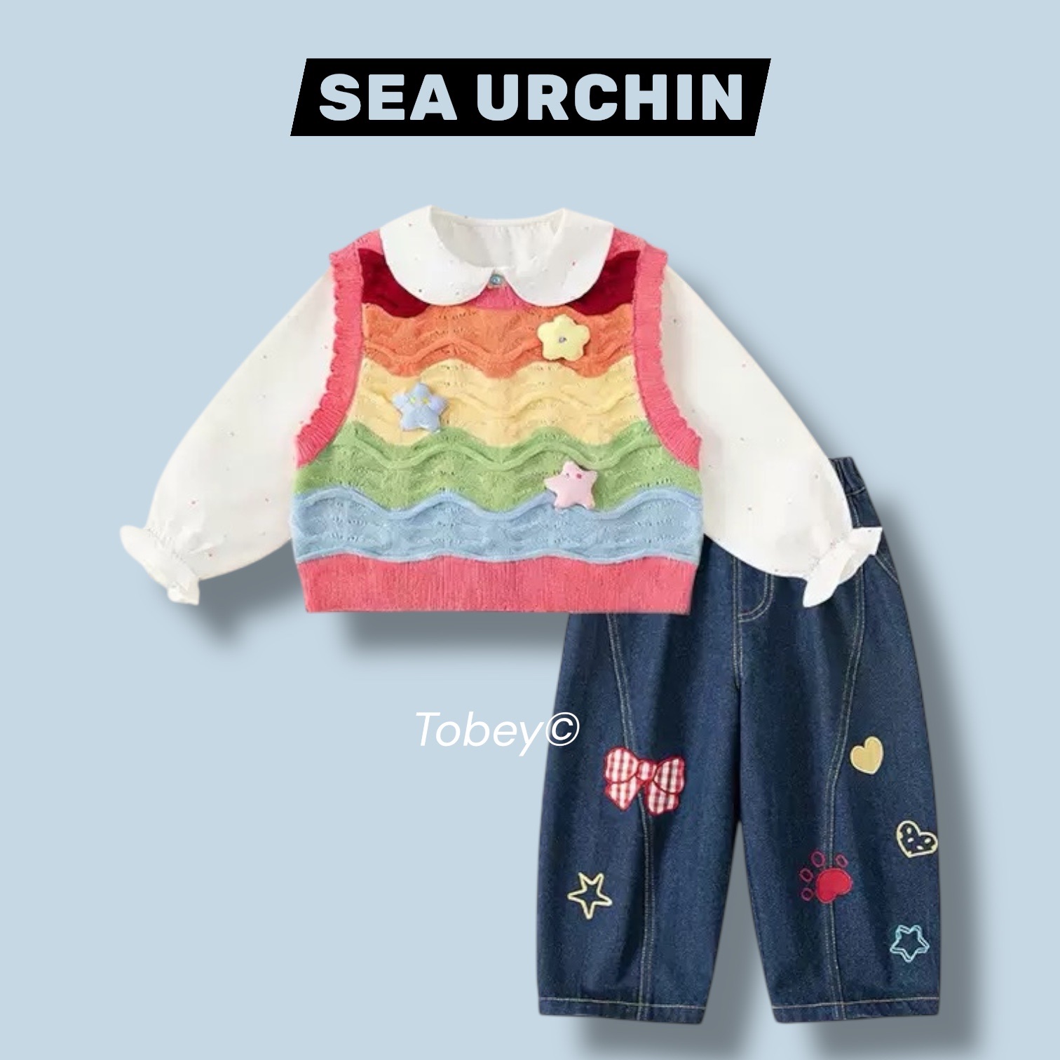海膽寶寶Tobey//女孩翻領貓咪襯衫+針織背心+牛仔褲 三件組套裝