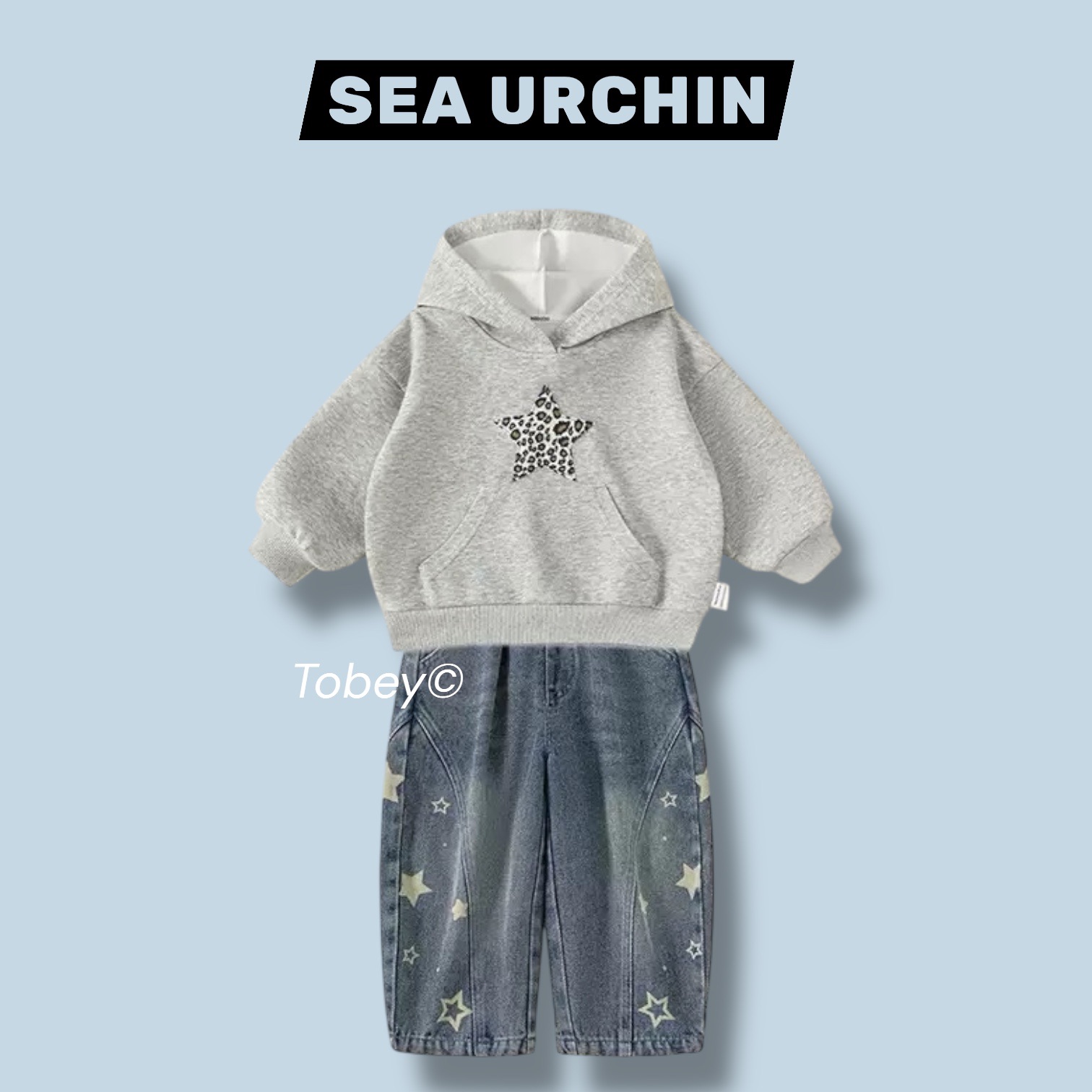 海膽寶寶Tobey//女孩豹紋星星連帽上衣+豹紋褲/星星牛仔褲 兩件組套裝