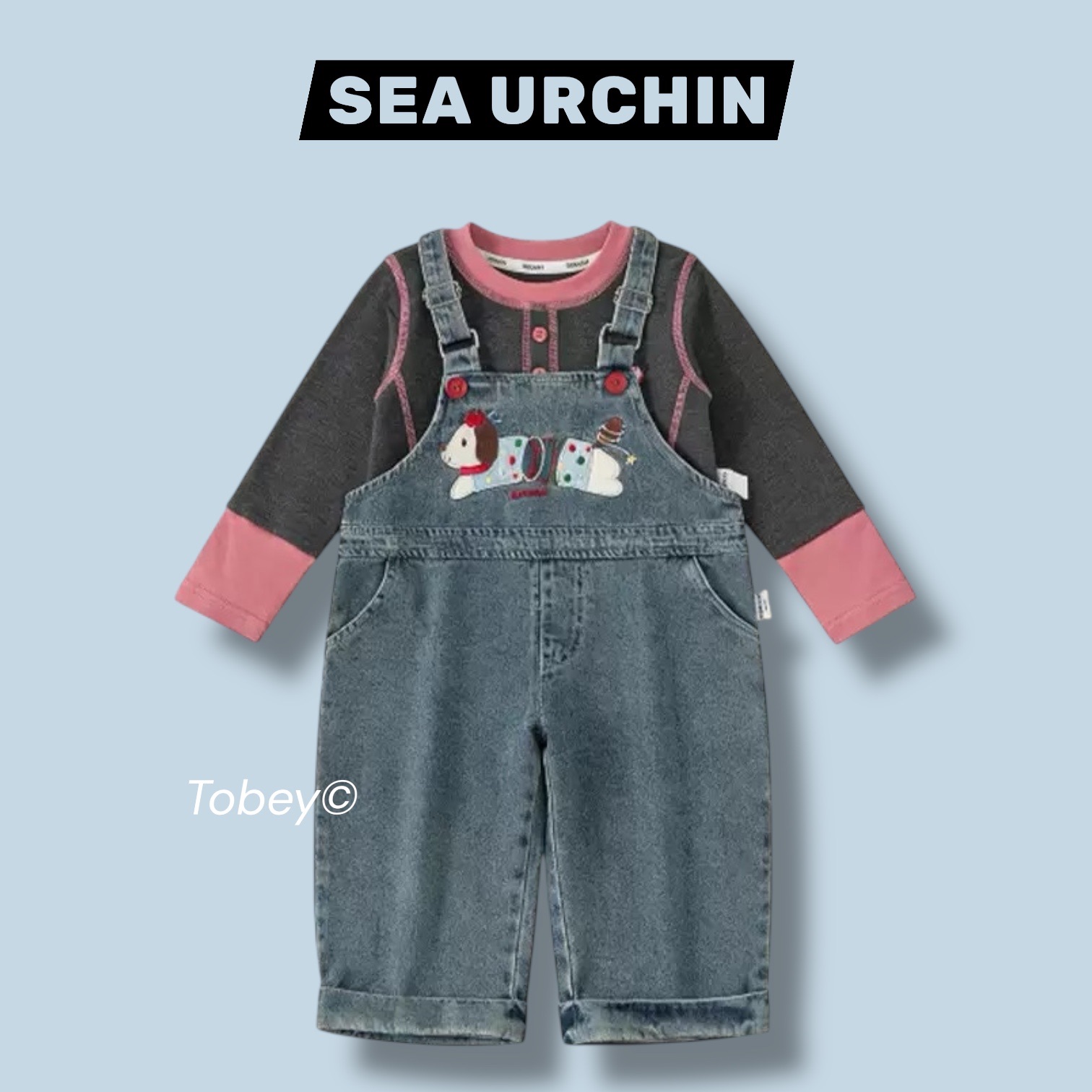 海膽寶寶Tobey//女孩刺繡狗狗牛仔吊帶褲+車邊設計狗狗造型上衣 兩件組套裝