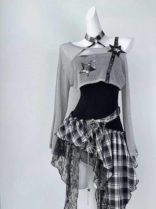 y2k不規則格紋套裝