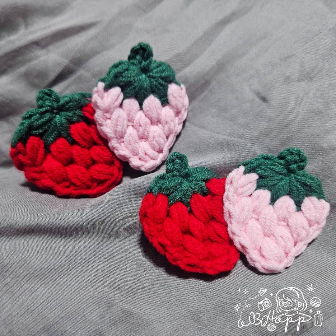 雙色草莓手作編織髮夾｜鉤織草莓髮飾｜可愛日常髮夾｜手工髮配件