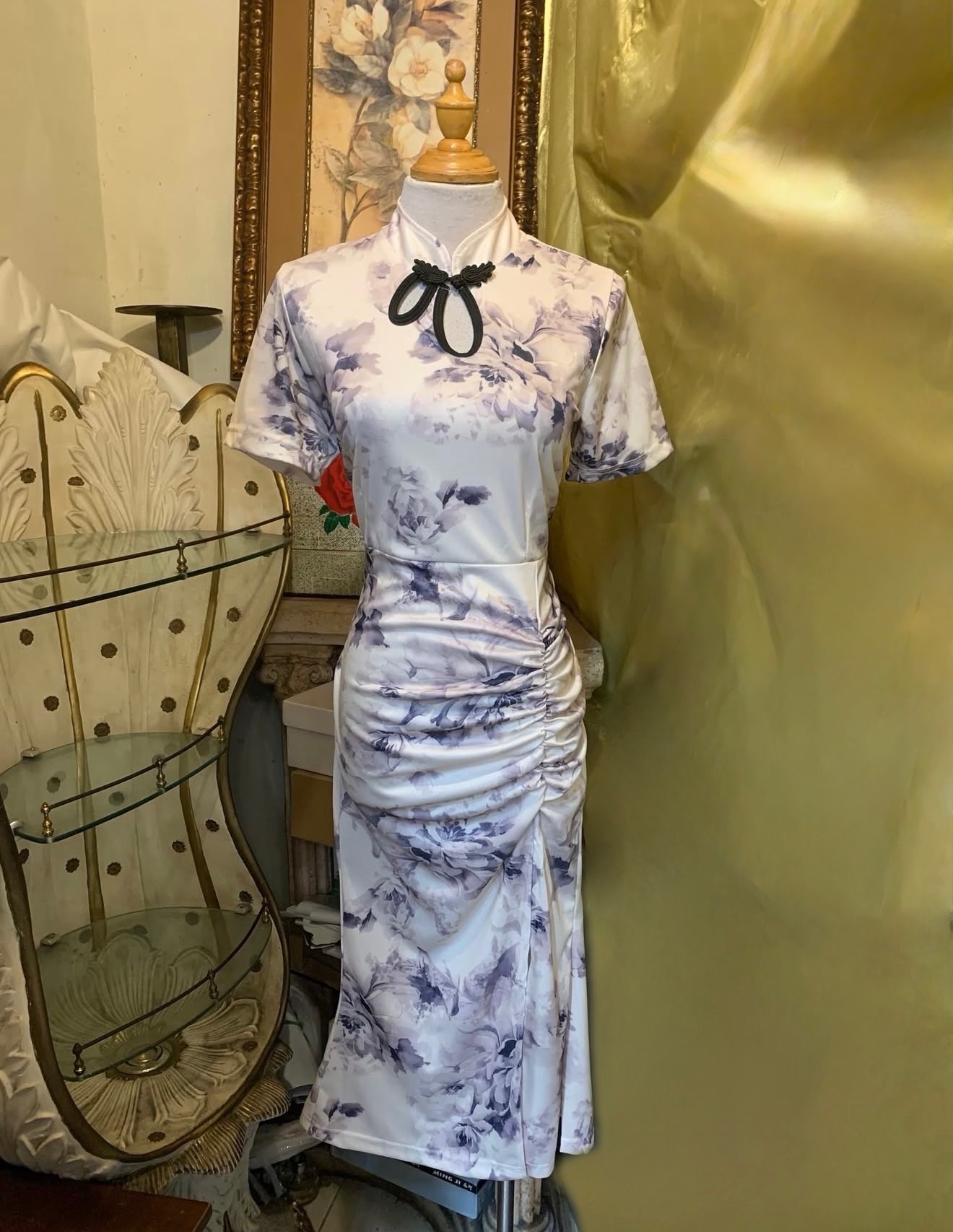 彈力腰間抓皺前開衩魚尾旗袍