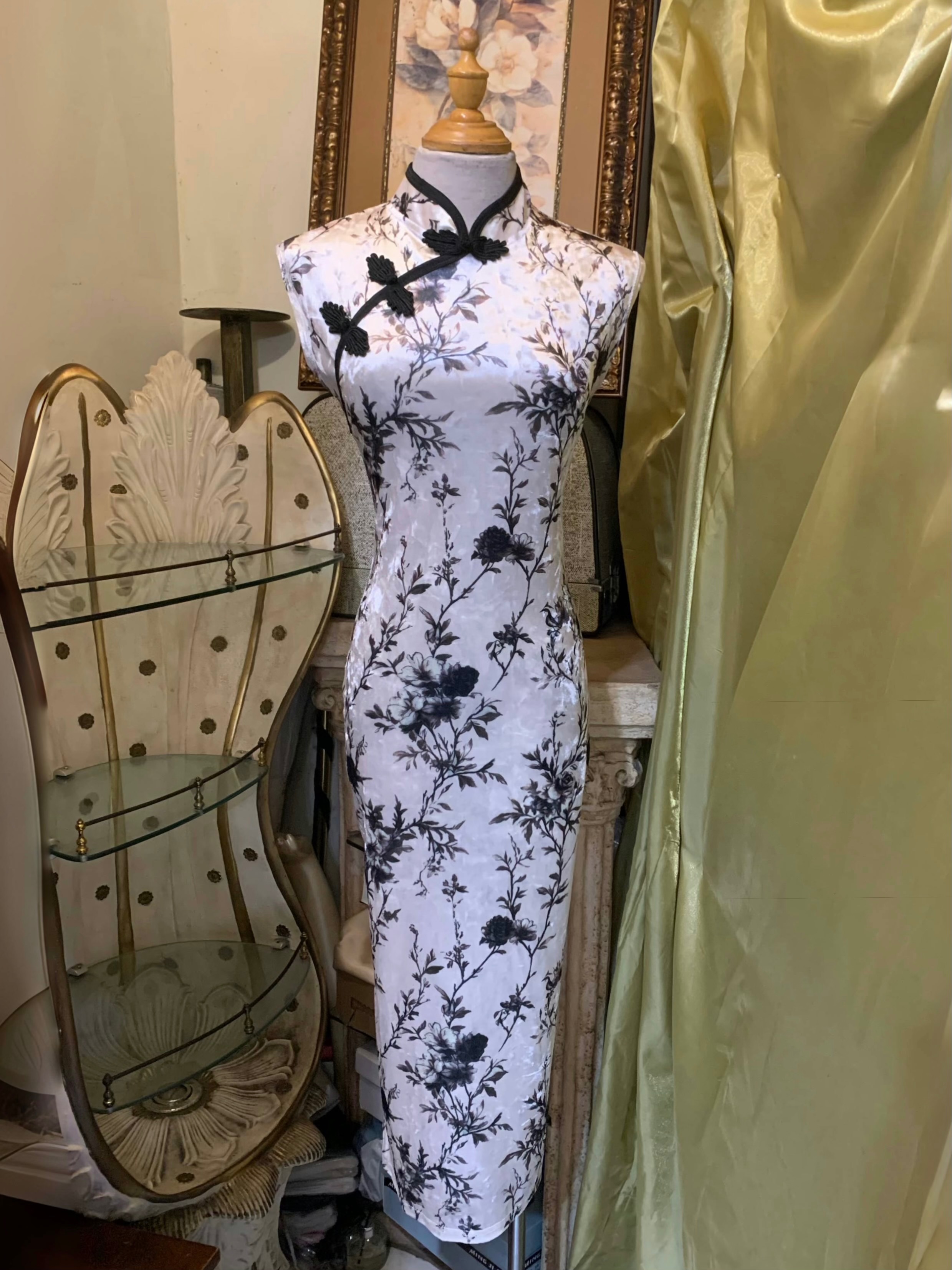 彈力金絲絨印花復古旗袍