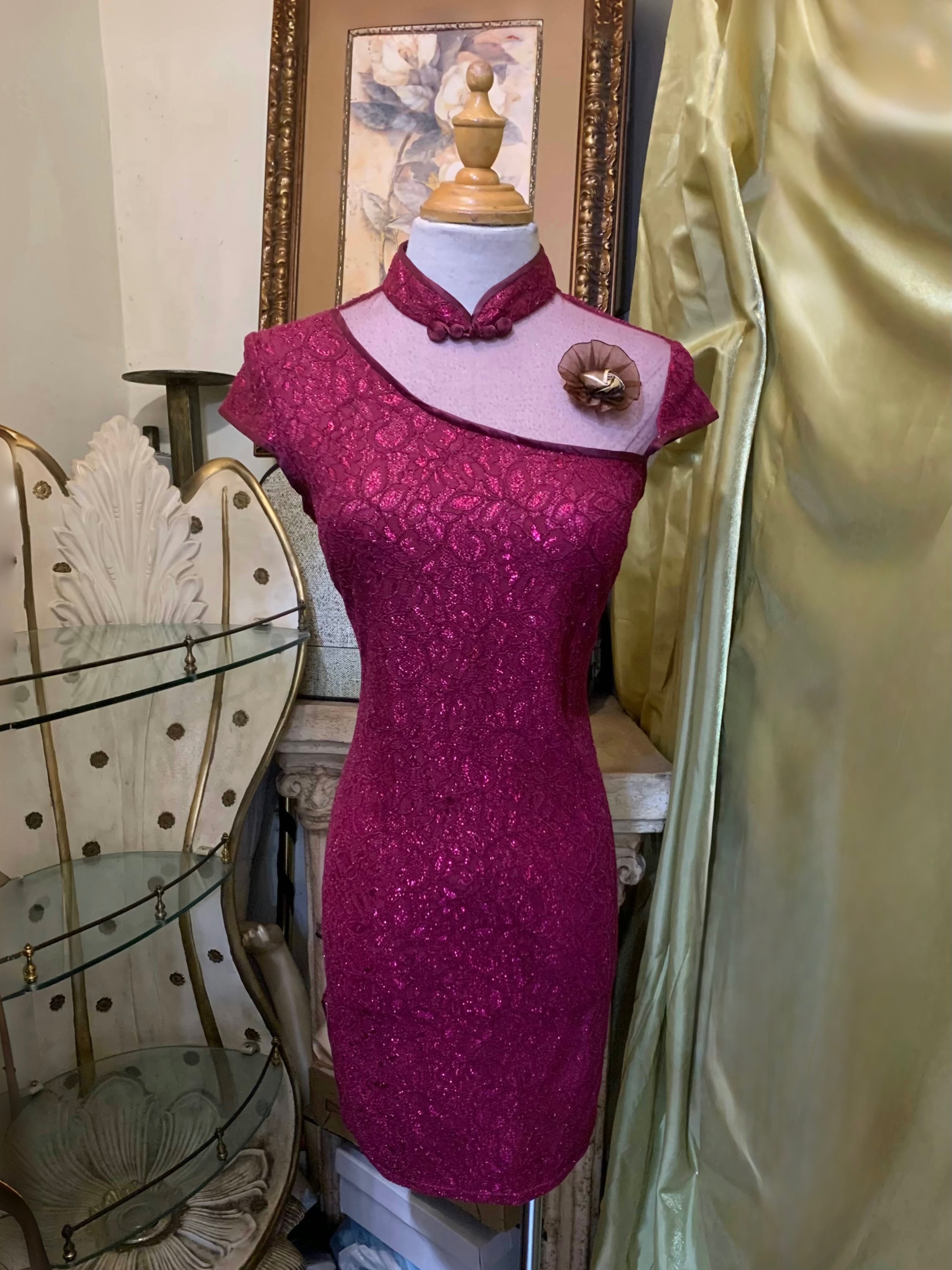 彈力閃亮線複合蕾絲旗袍洋裝