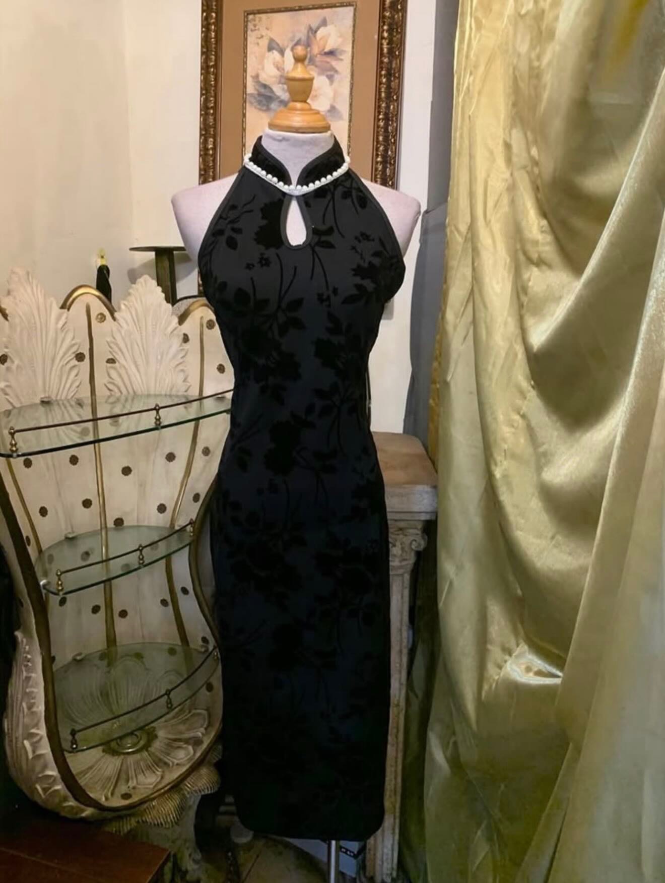 黑色珍珠彈力植絨旗袍洋裝