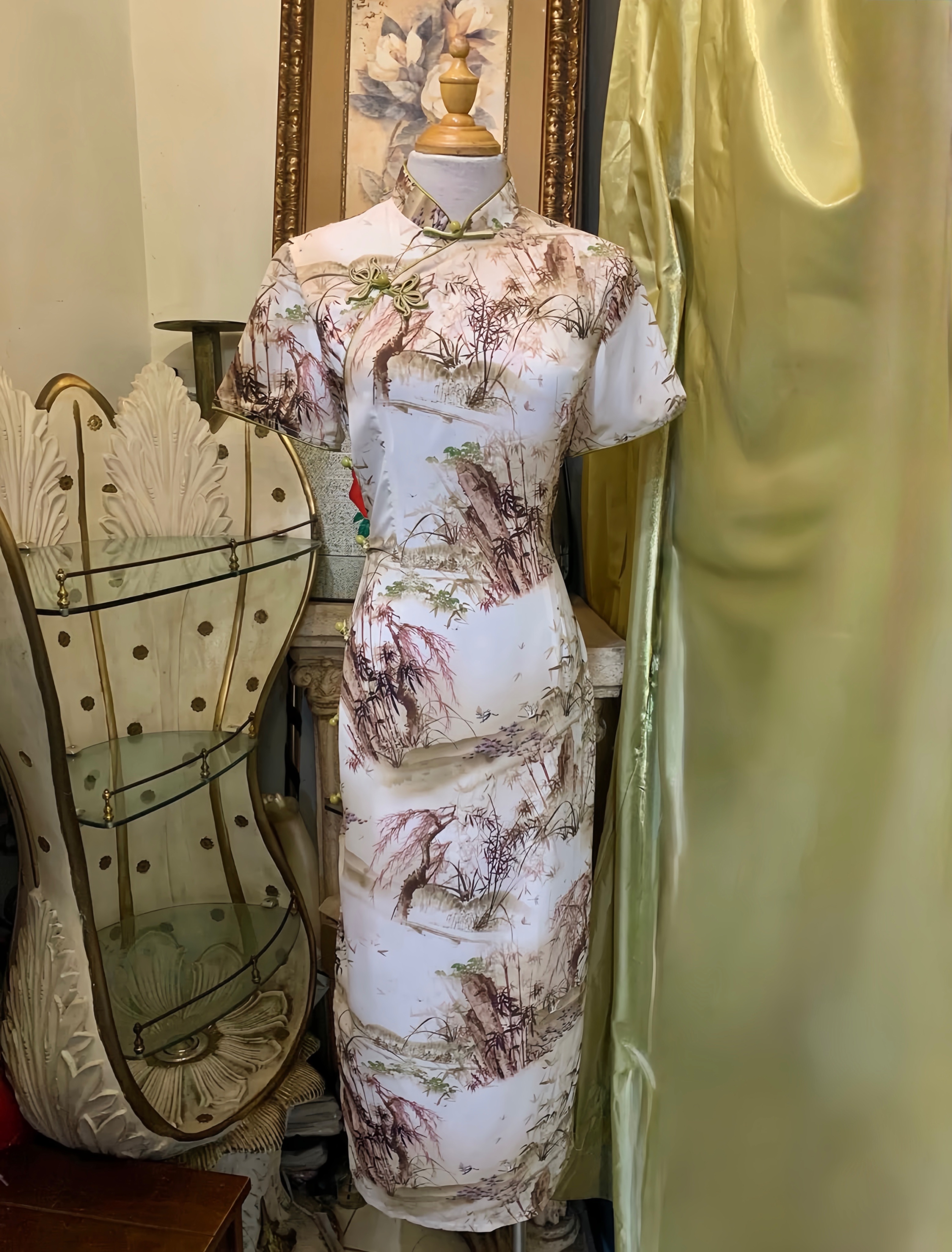 雪紡印花手工盤扣旗袍