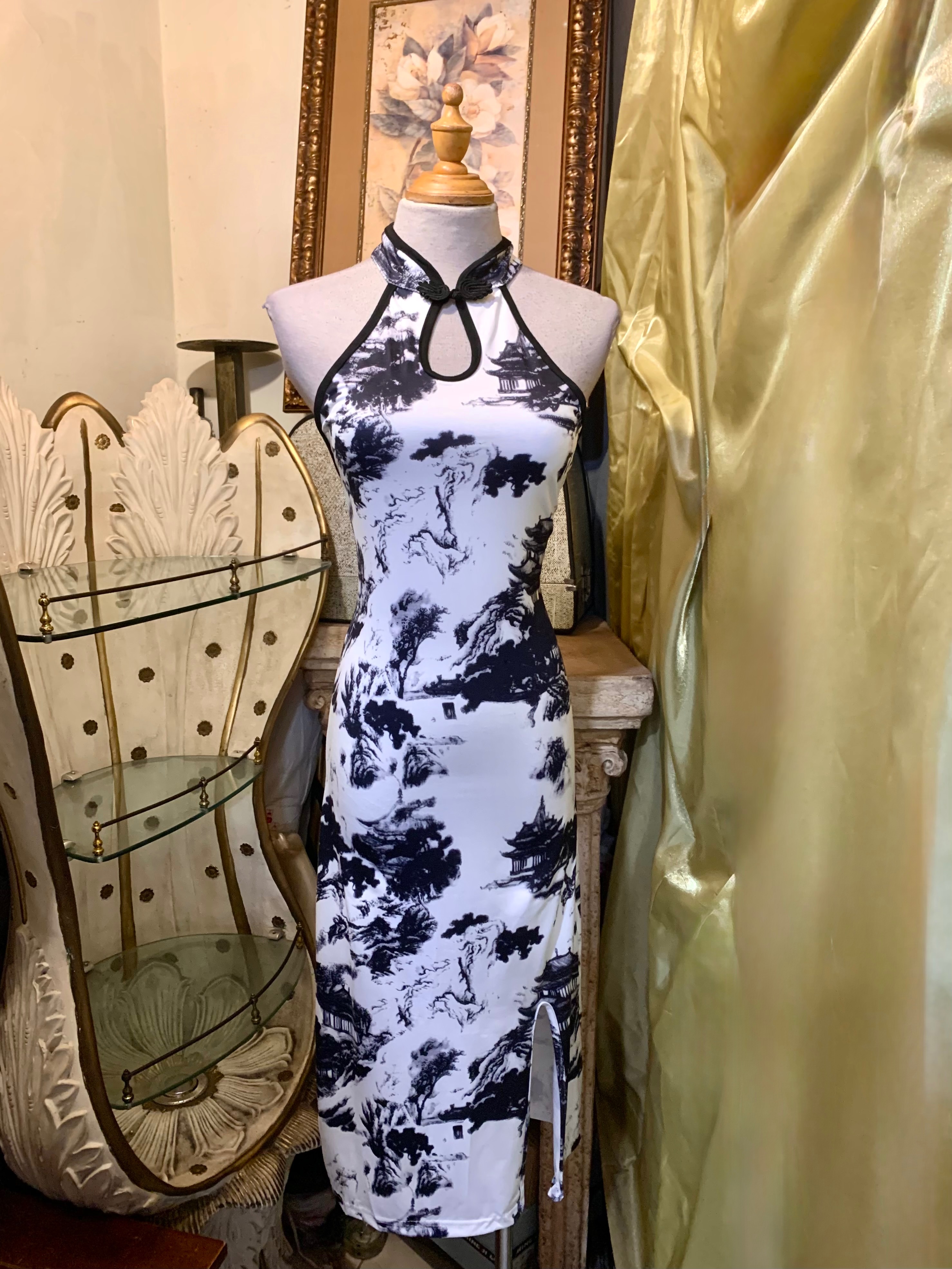 水墨畫彈力棉削肩旗袍