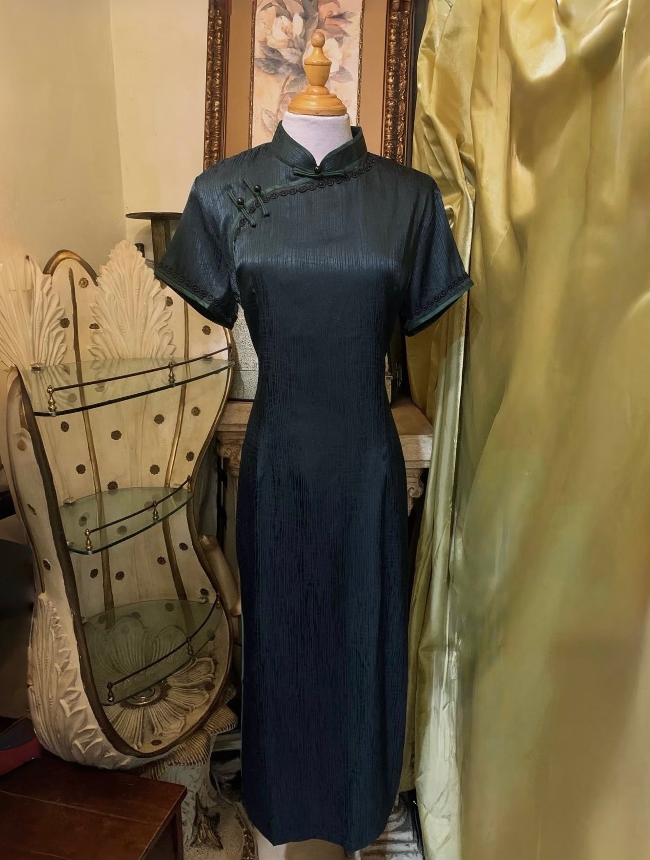 墨綠暗紋水溶蕾絲花邊復古旗袍