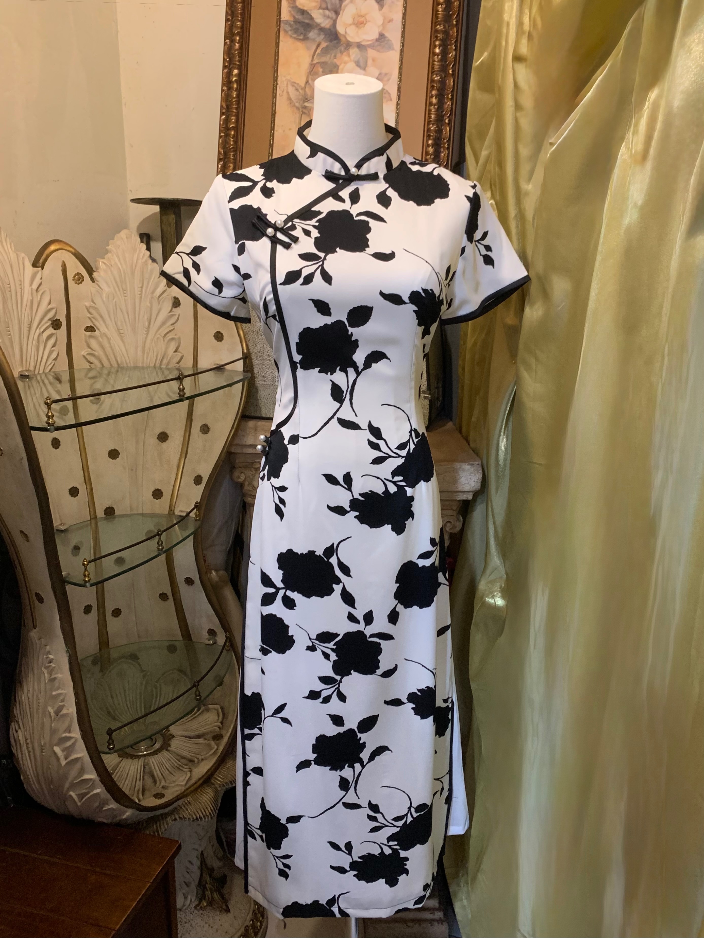 墨花雙層雪紡裡旗袍奧黛