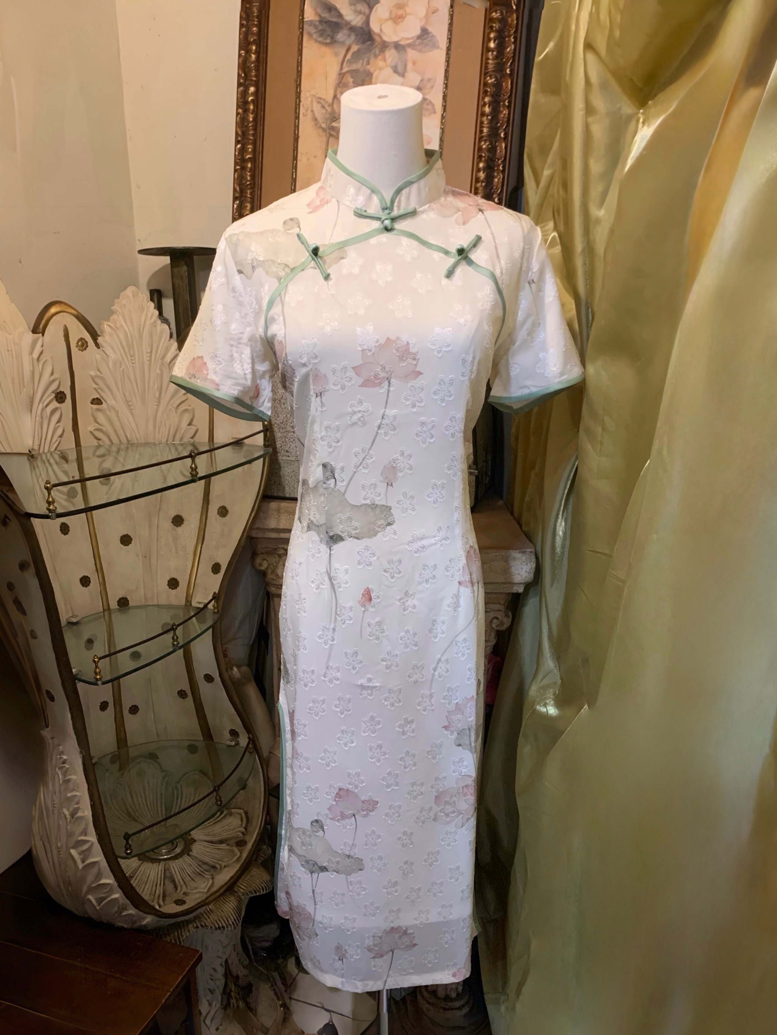 大尺碼 雪紡剪花雙襟旗袍