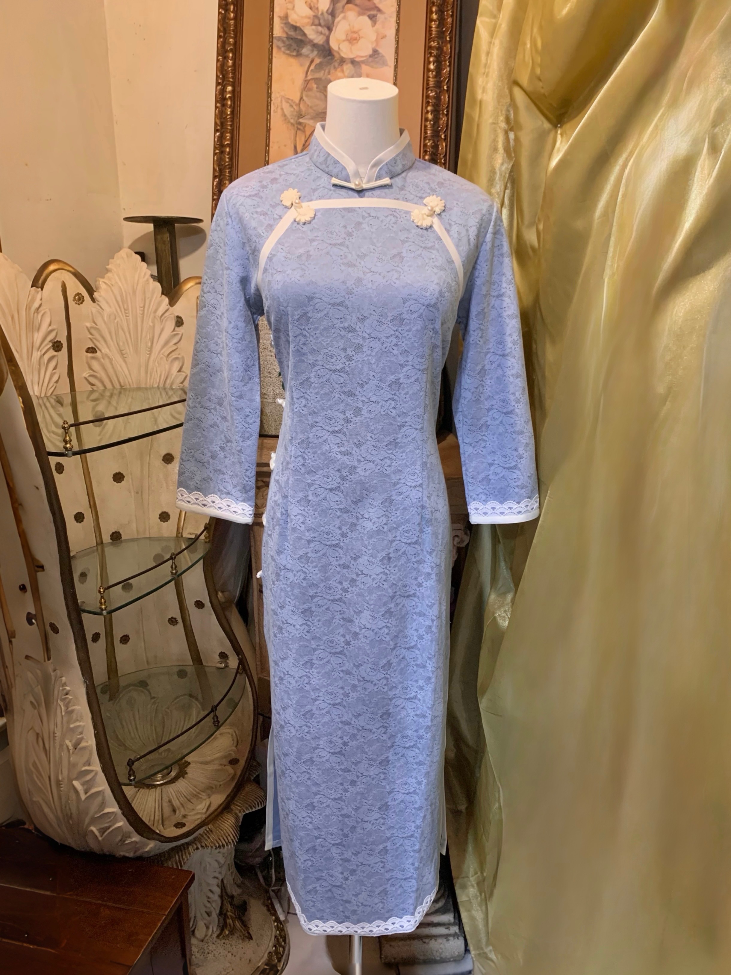 大尺碼彈力複合蕾絲花邊雙襟旗袍